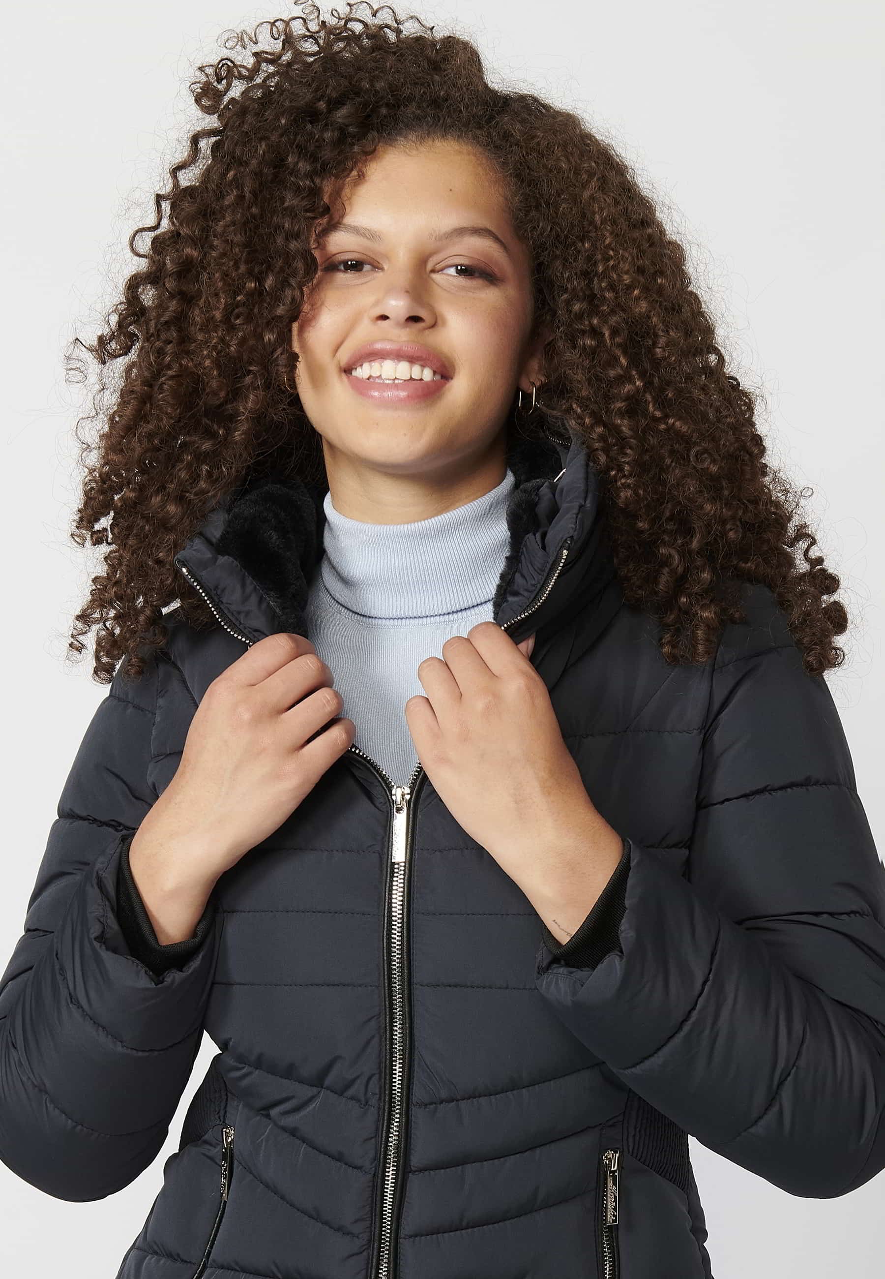 Padded parka jacket with synthetic lining collar in Navy for Women 1