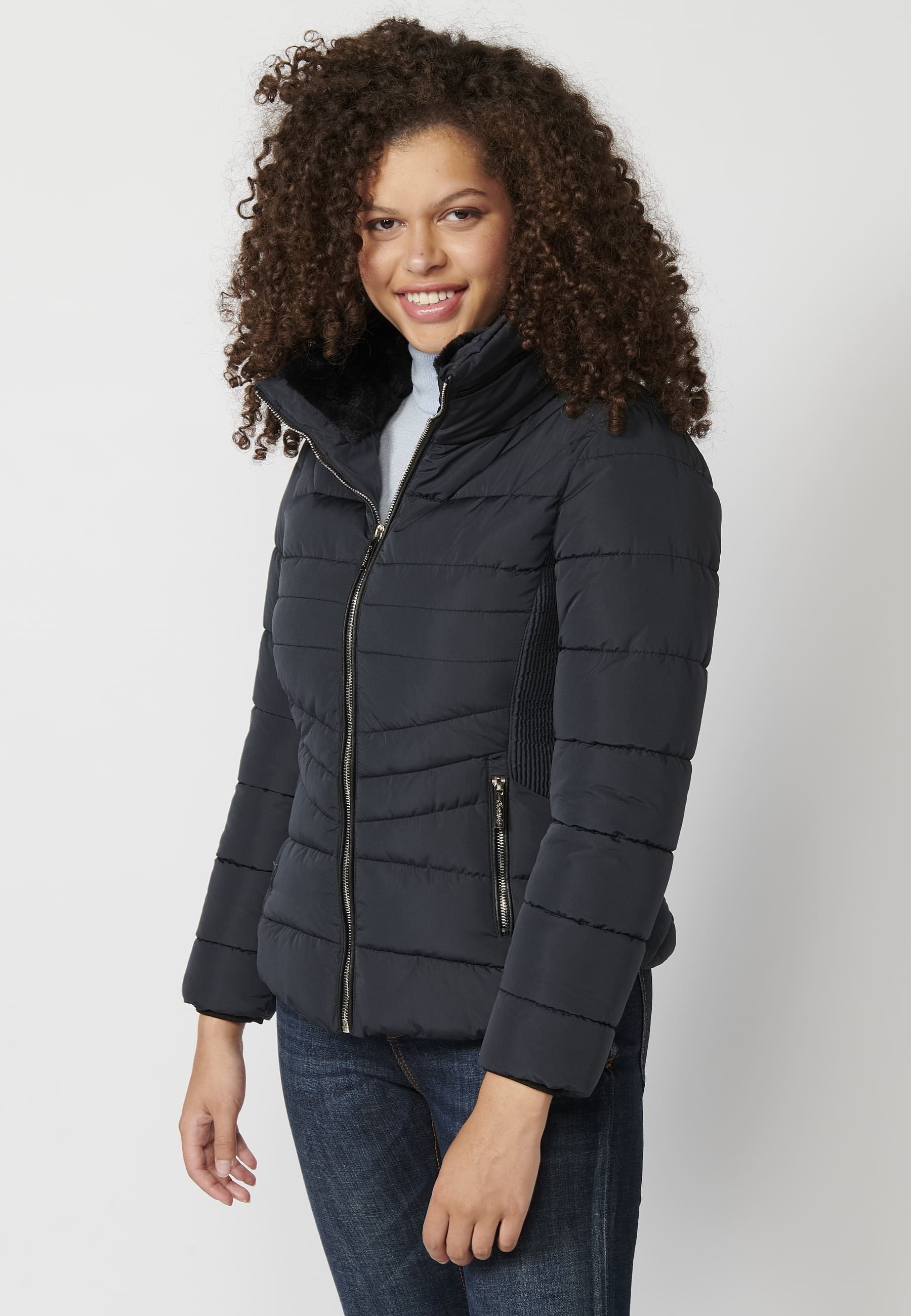 Padded parka jacket with synthetic lining collar in Navy for Women 6