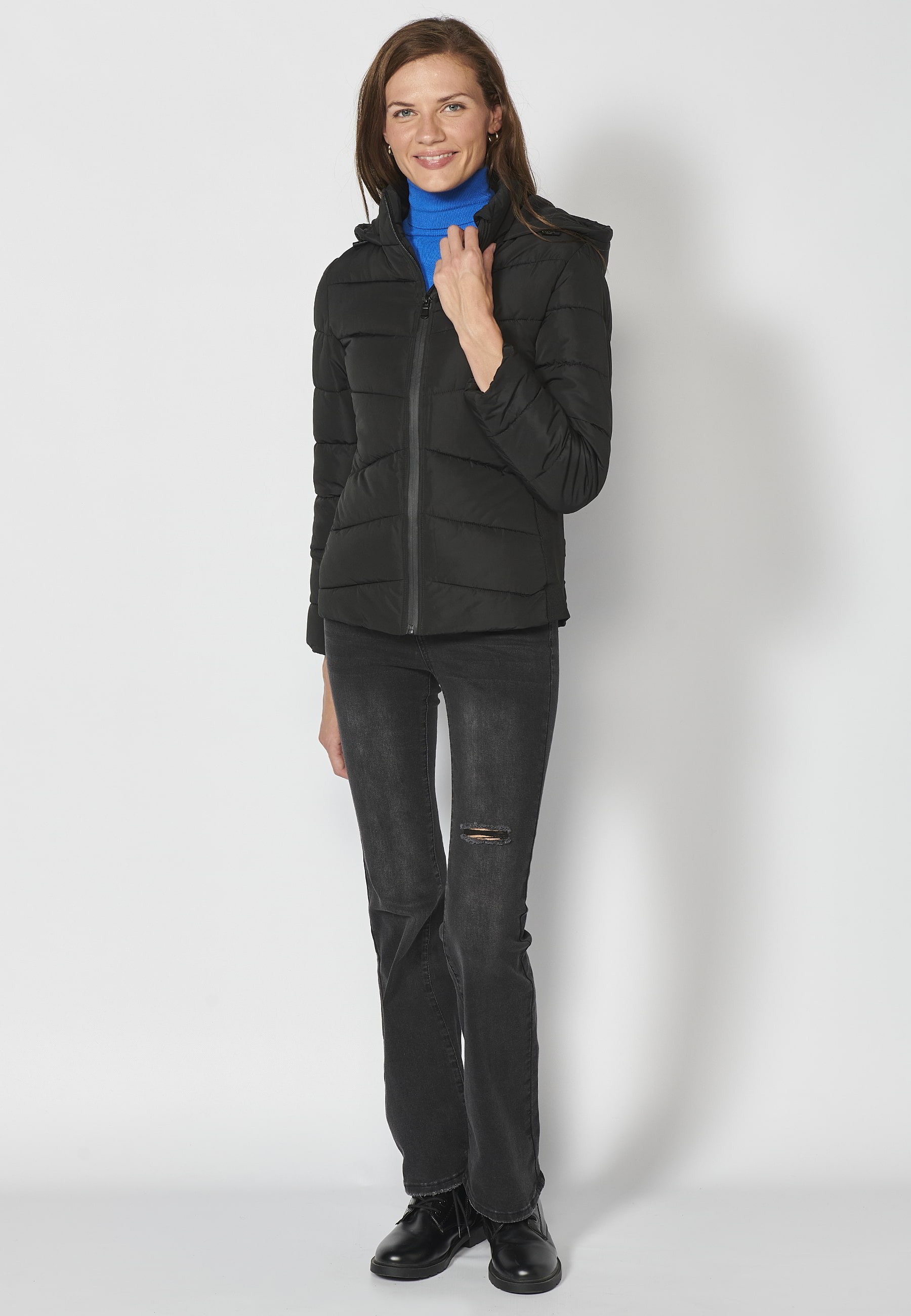 Short padded jacket with hooded collar in Black for Women 3