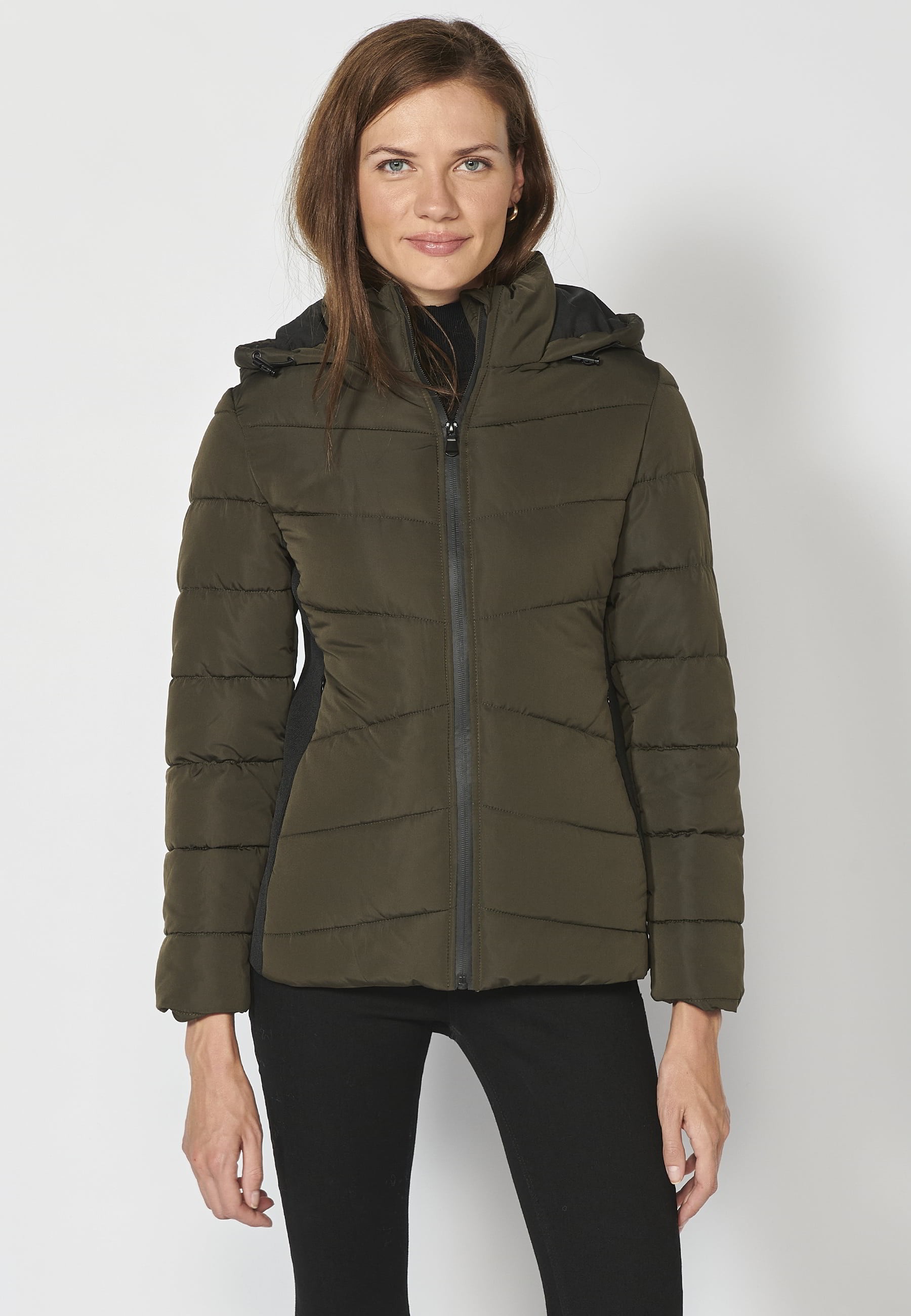 Short padded jacket with hooded collar in Khaki color for Women