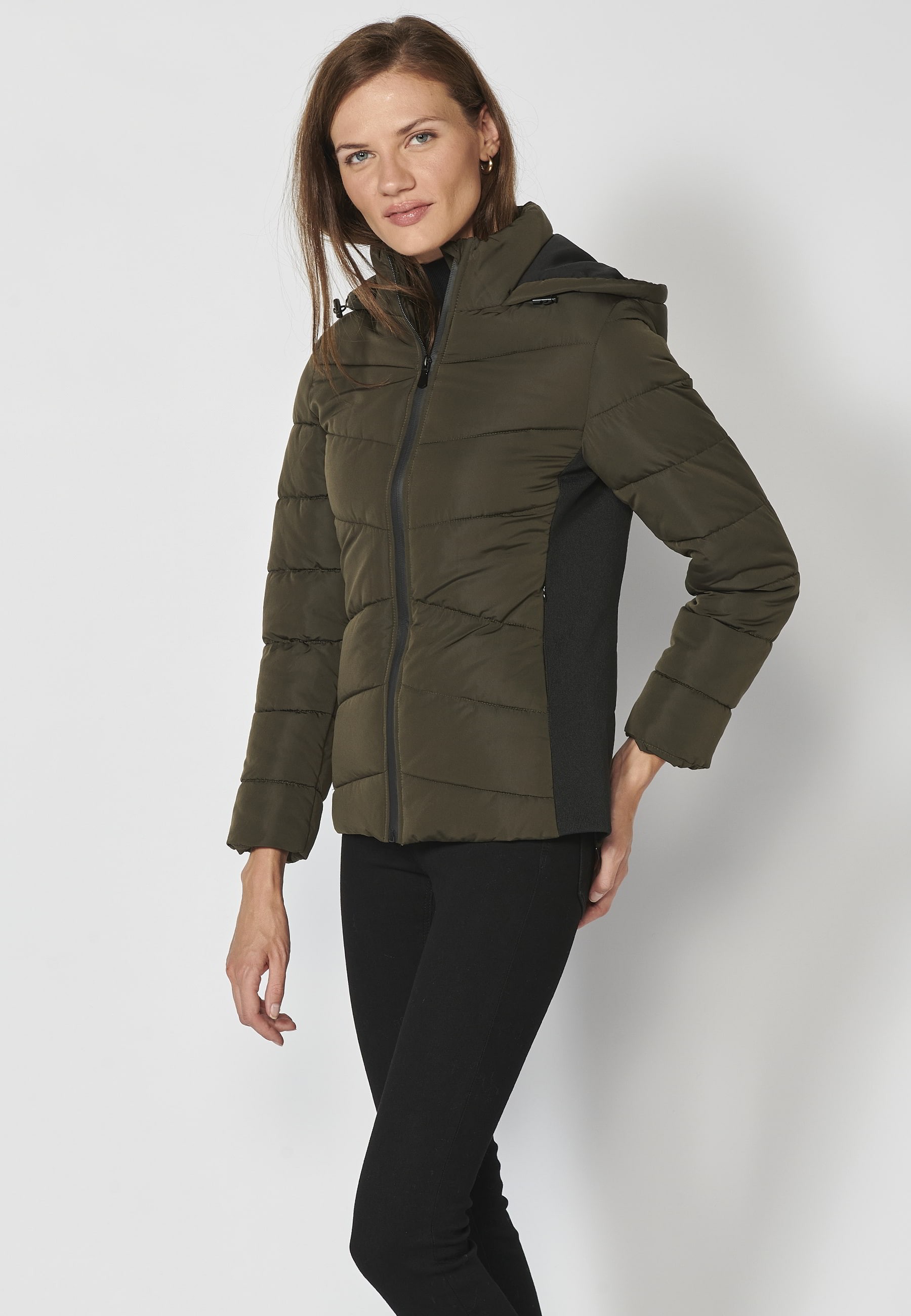 Short padded jacket with hooded collar in Khaki color for Women 3