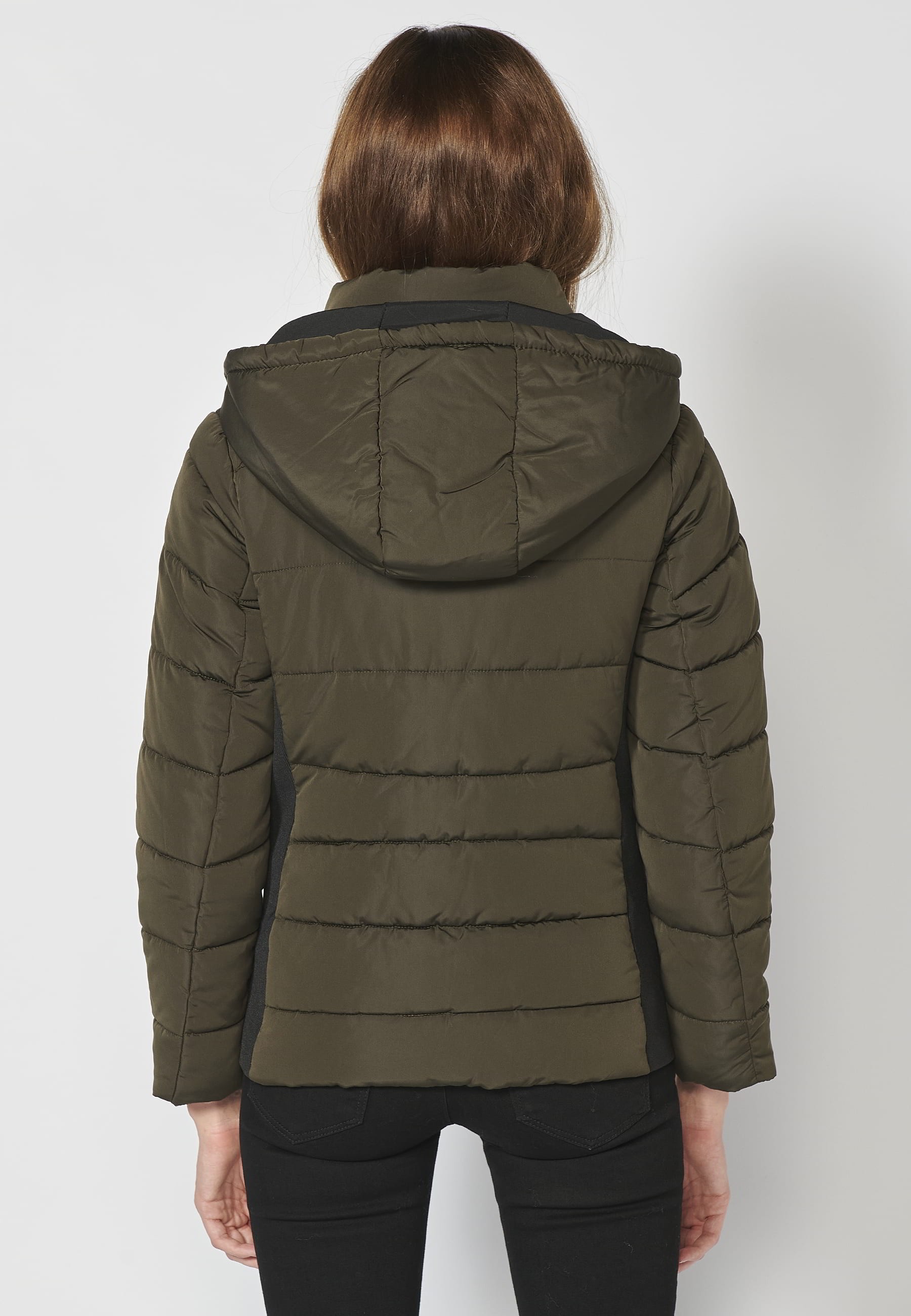 Short padded jacket with hooded collar in Khaki color for Women 7