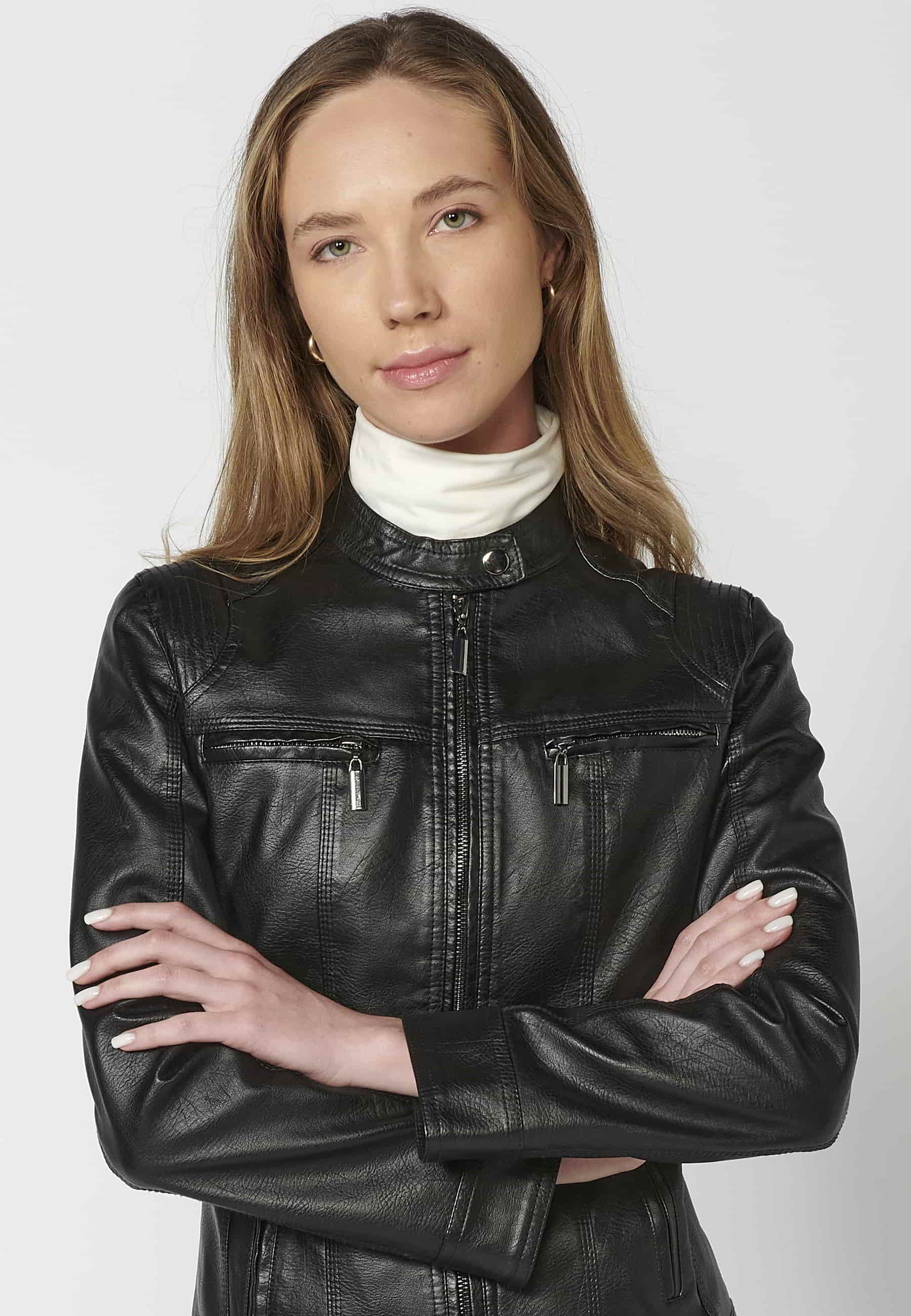 Black round neck long-sleeved jacket for women 5