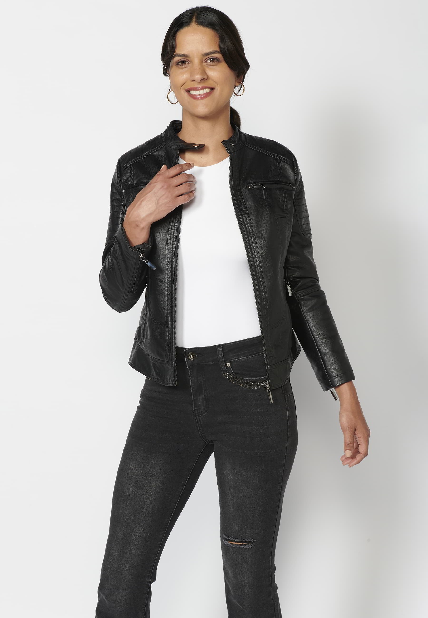 Quilted leather effect bomber jacket with fur interior in Black for Women