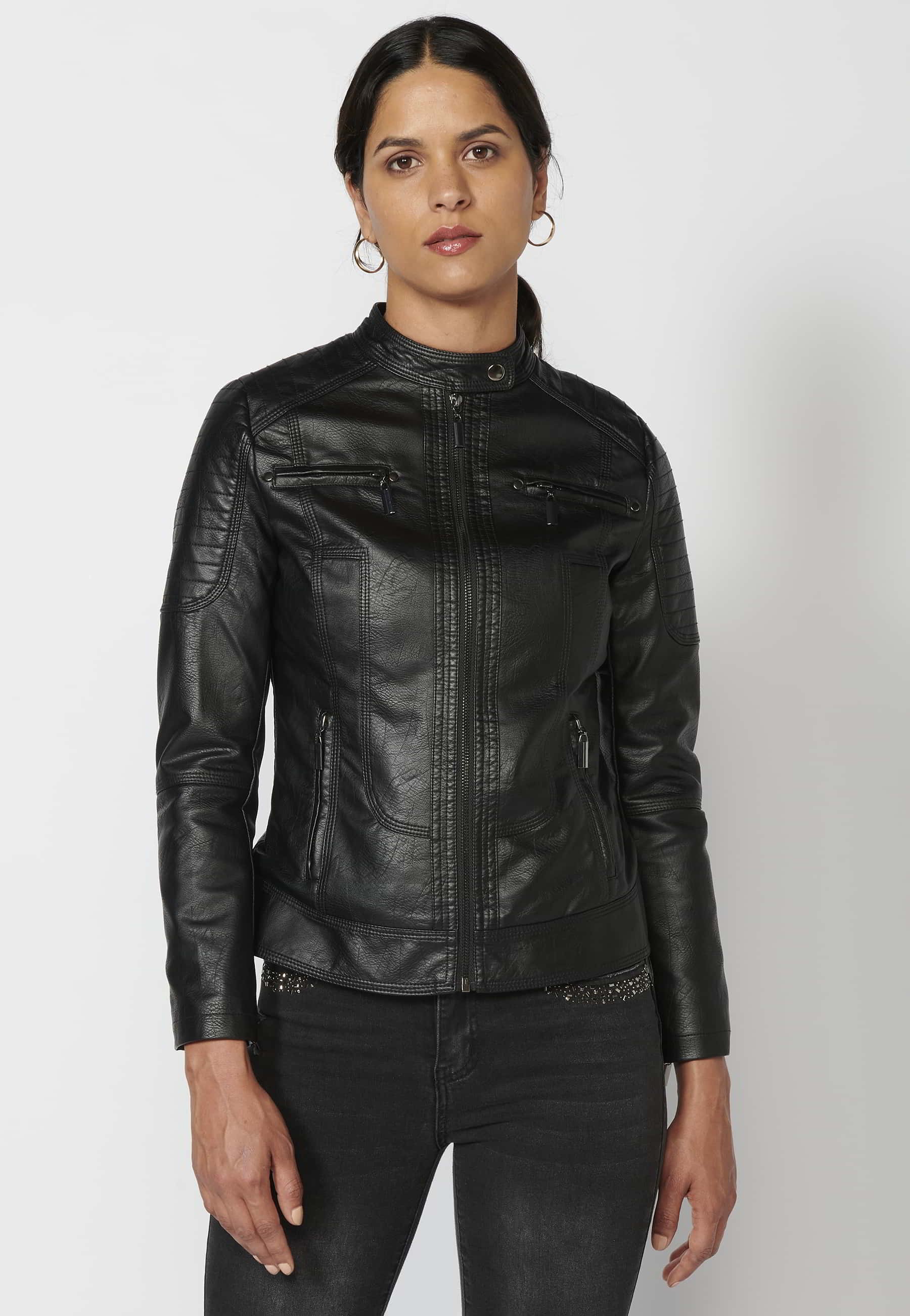 Quilted leather effect bomber jacket with fur interior in Black for Women