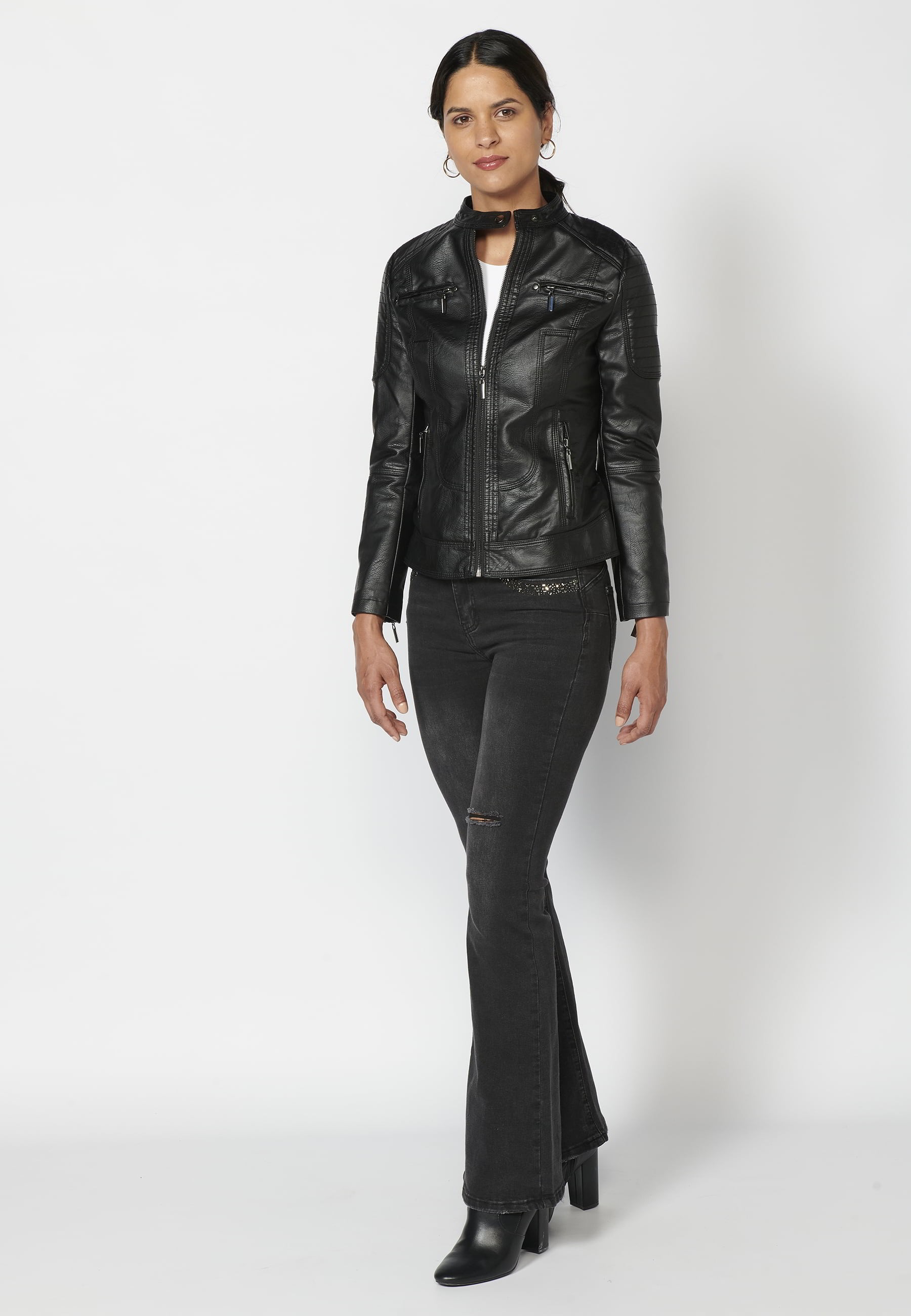 Quilted leather effect bomber jacket with fur interior in Black for Women