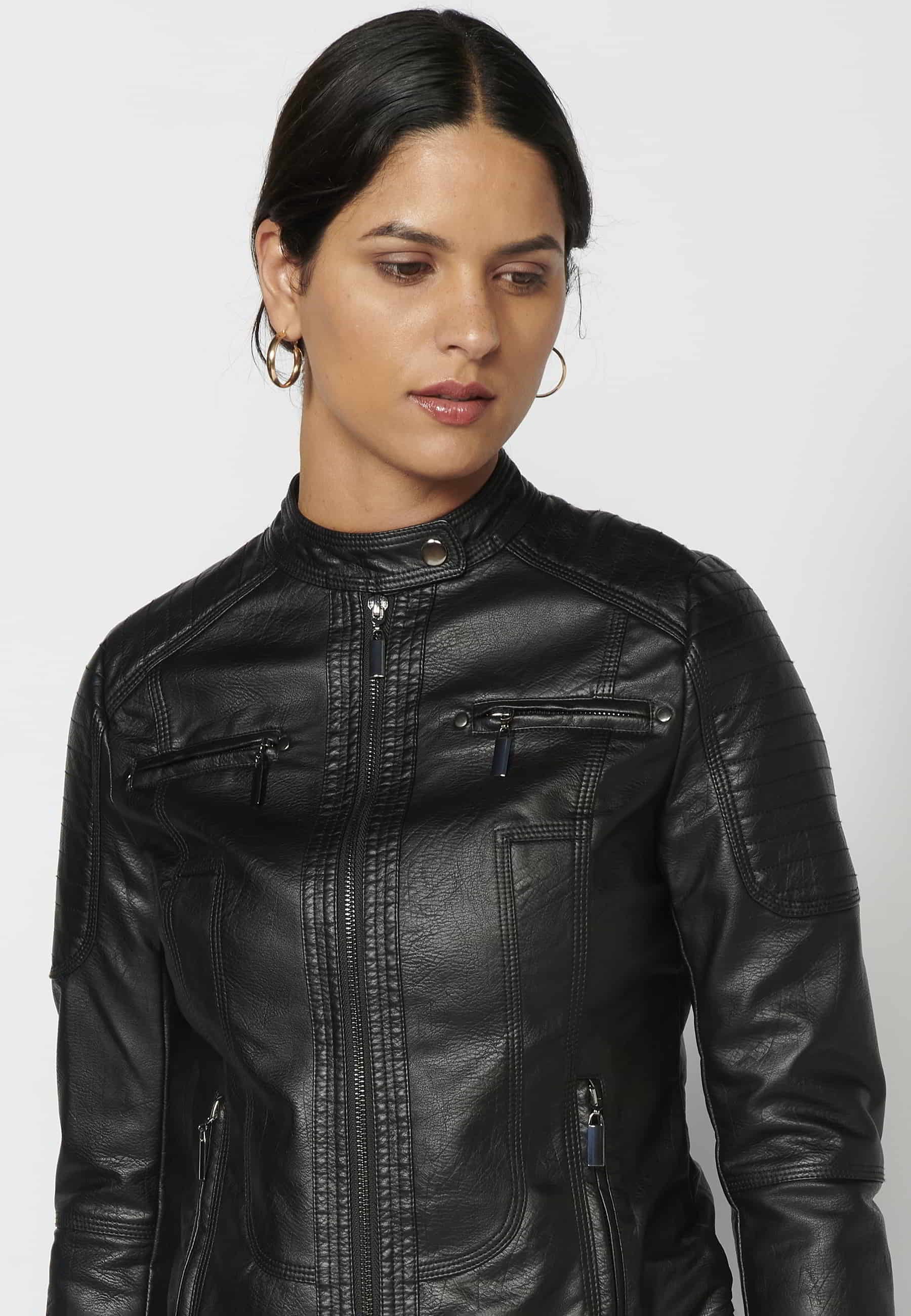 Quilted leather effect bomber jacket with fur interior in Black for Women