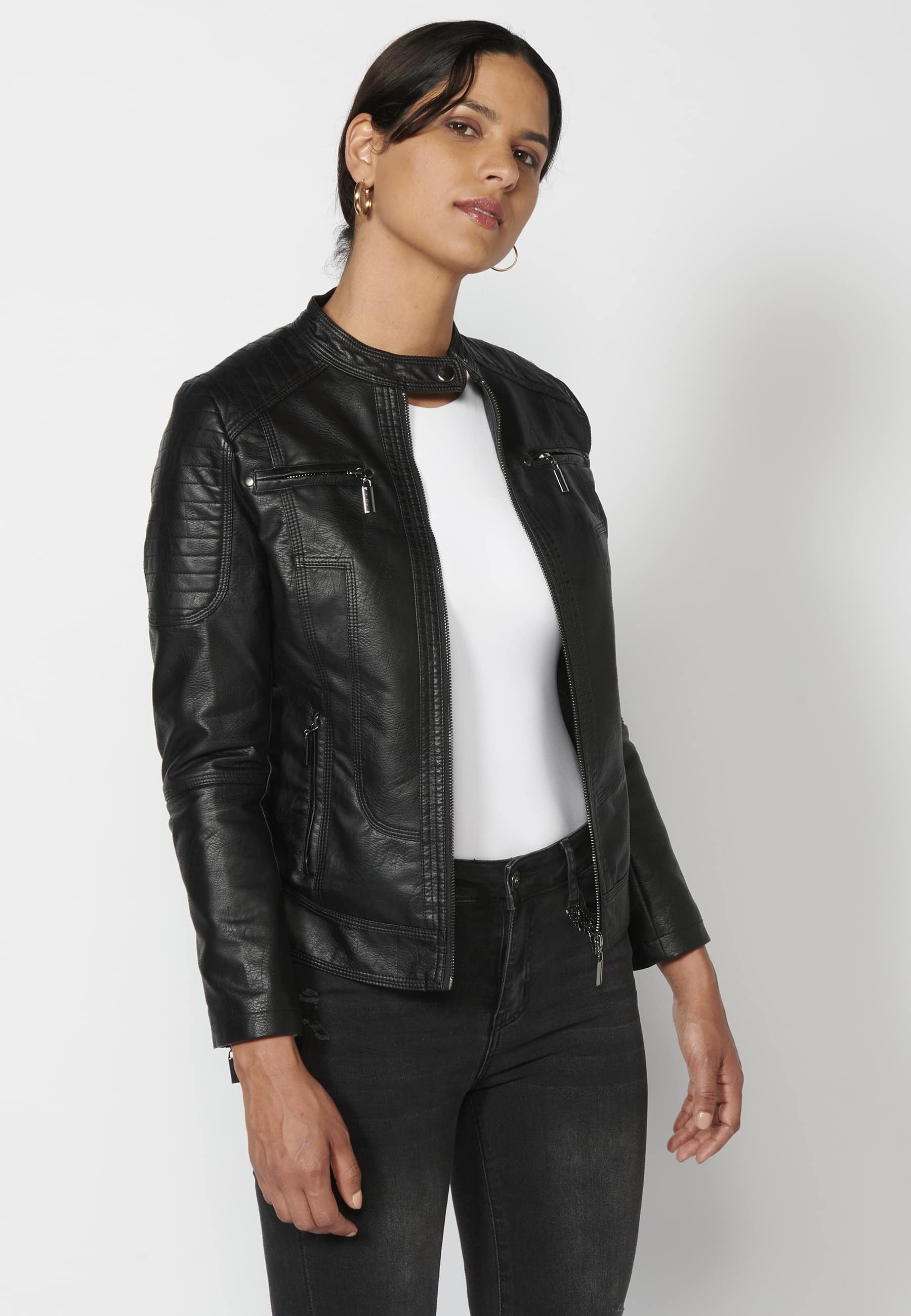 Quilted leather effect bomber jacket with fur interior in Black for Women