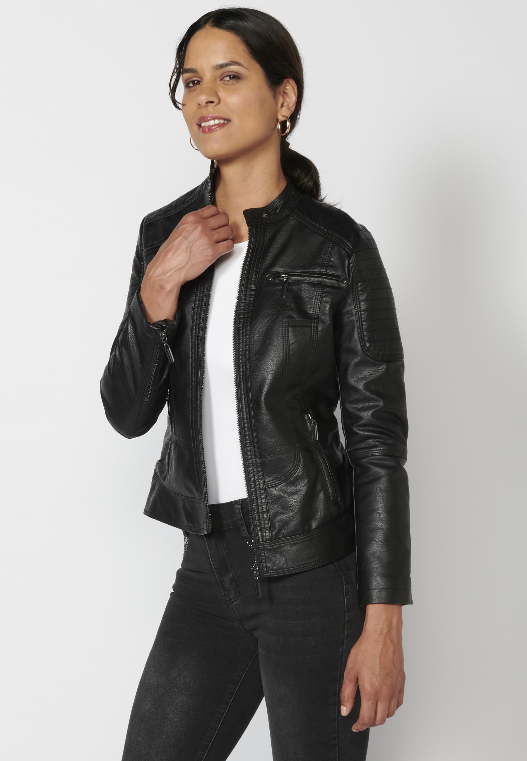 Quilted leather effect bomber jacket with fur interior in Black for Women