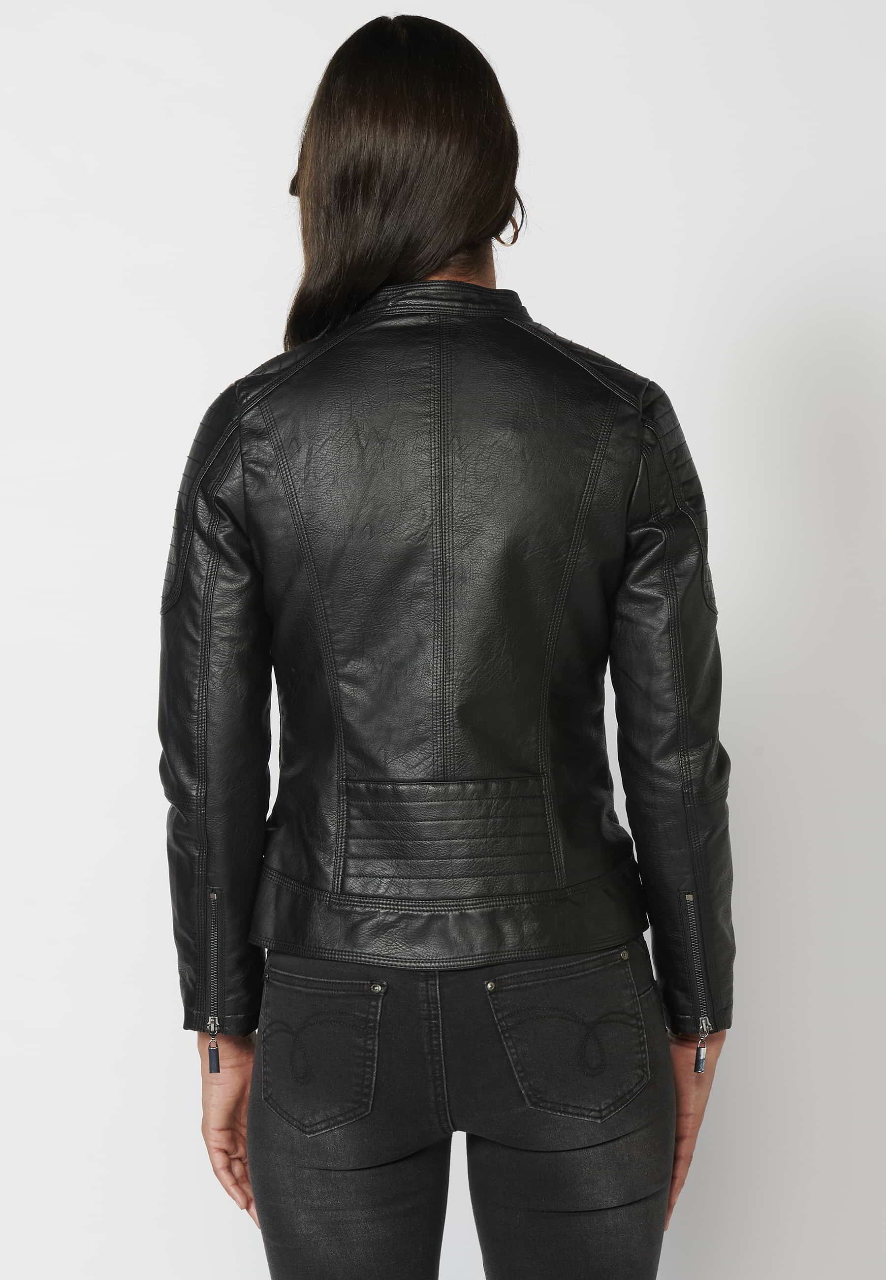 Quilted leather effect bomber jacket with fur interior in Black for Women