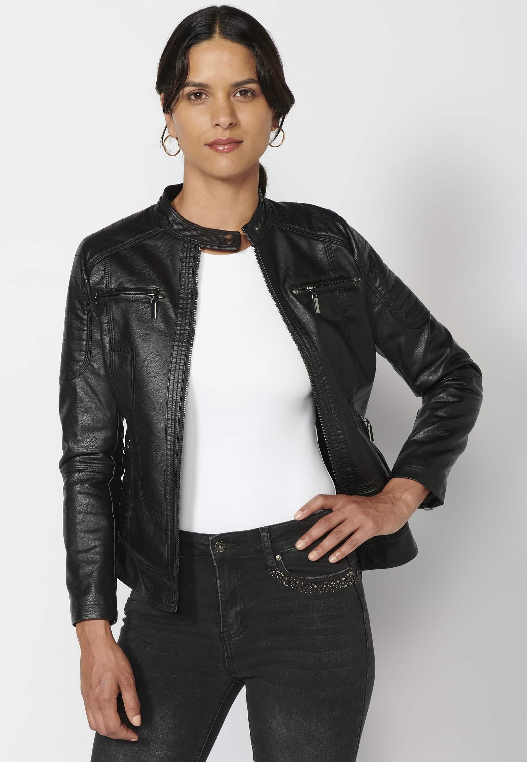 Quilted leather effect bomber jacket with fur interior in Black for Women