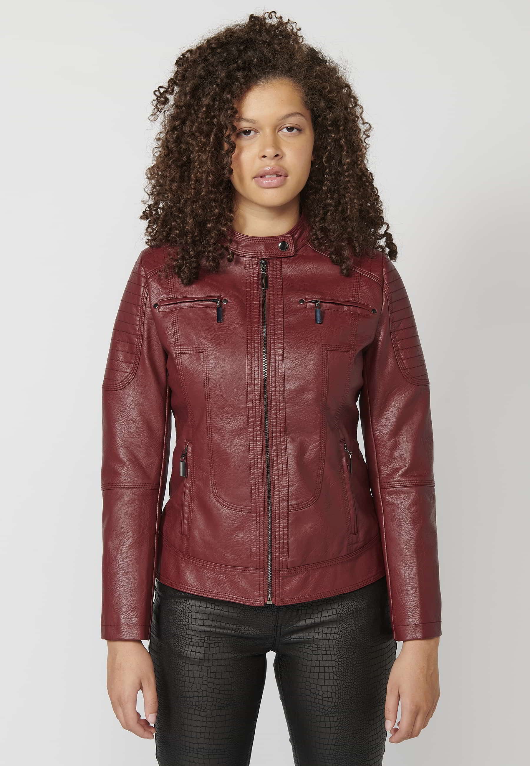 Quilted leather effect bomber jacket with fur interior in Red for Women 2