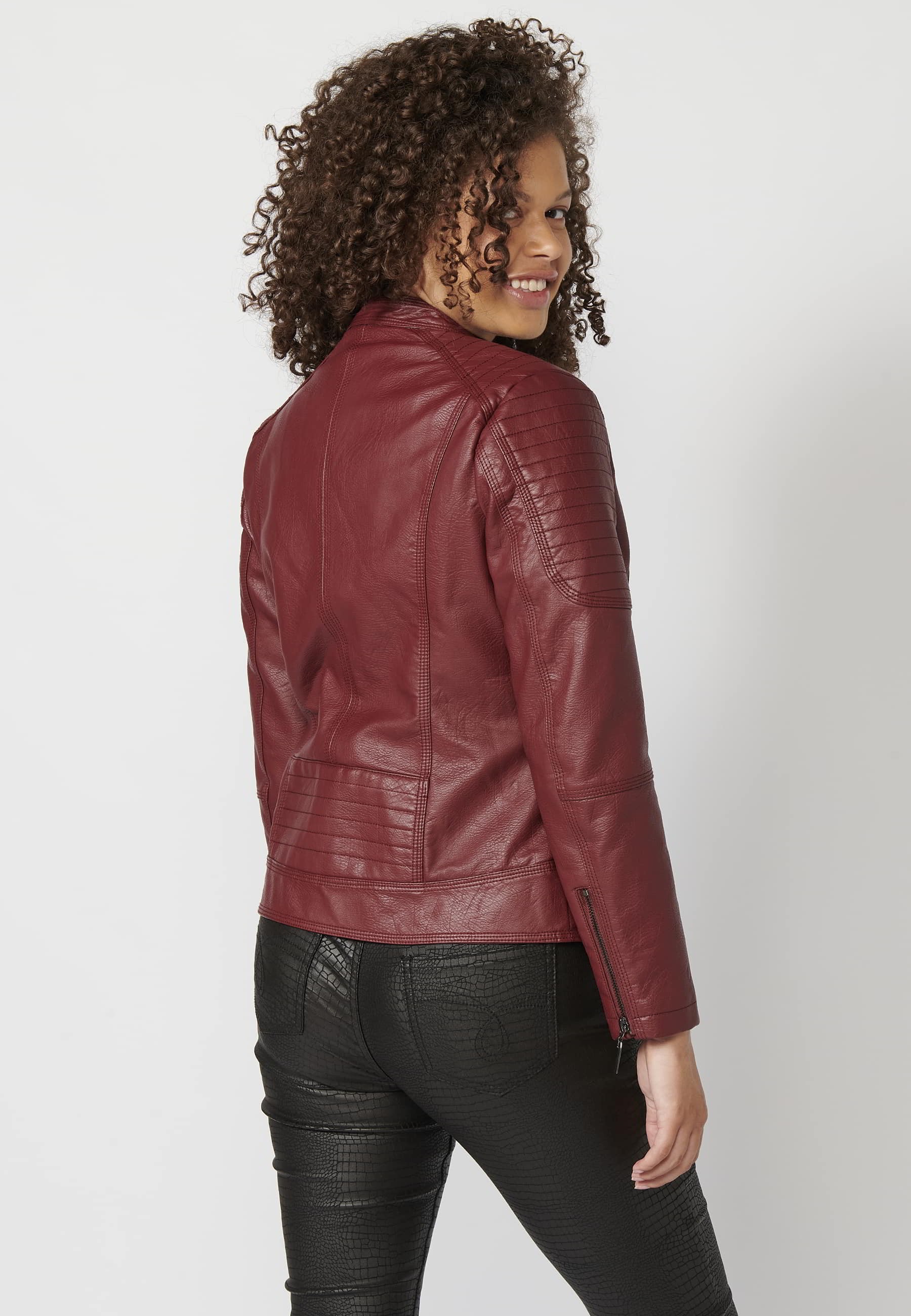 Quilted leather effect bomber jacket with fur interior in Red for Women 1