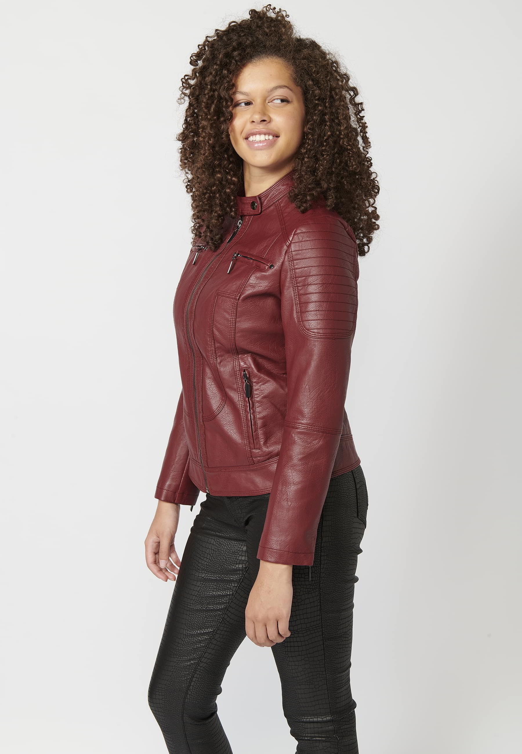 Quilted leather effect bomber jacket with fur interior in Red for Women 8