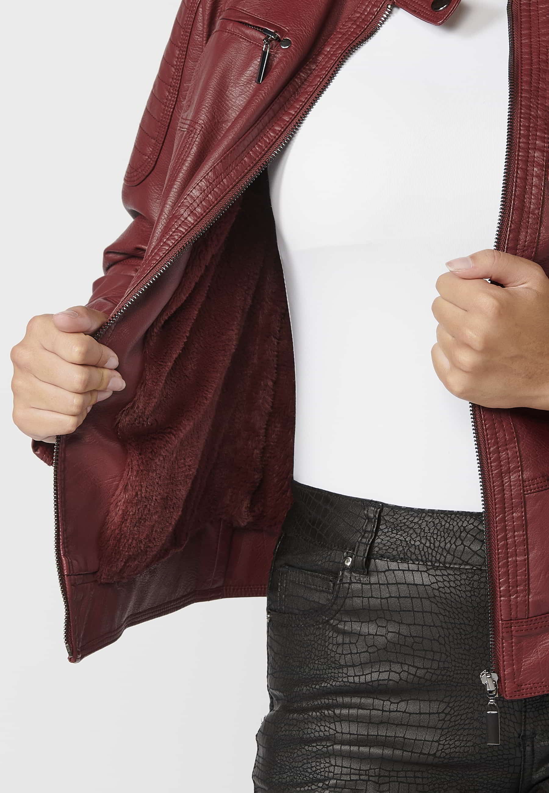 Quilted leather effect bomber jacket with fur interior in Red for Women 6