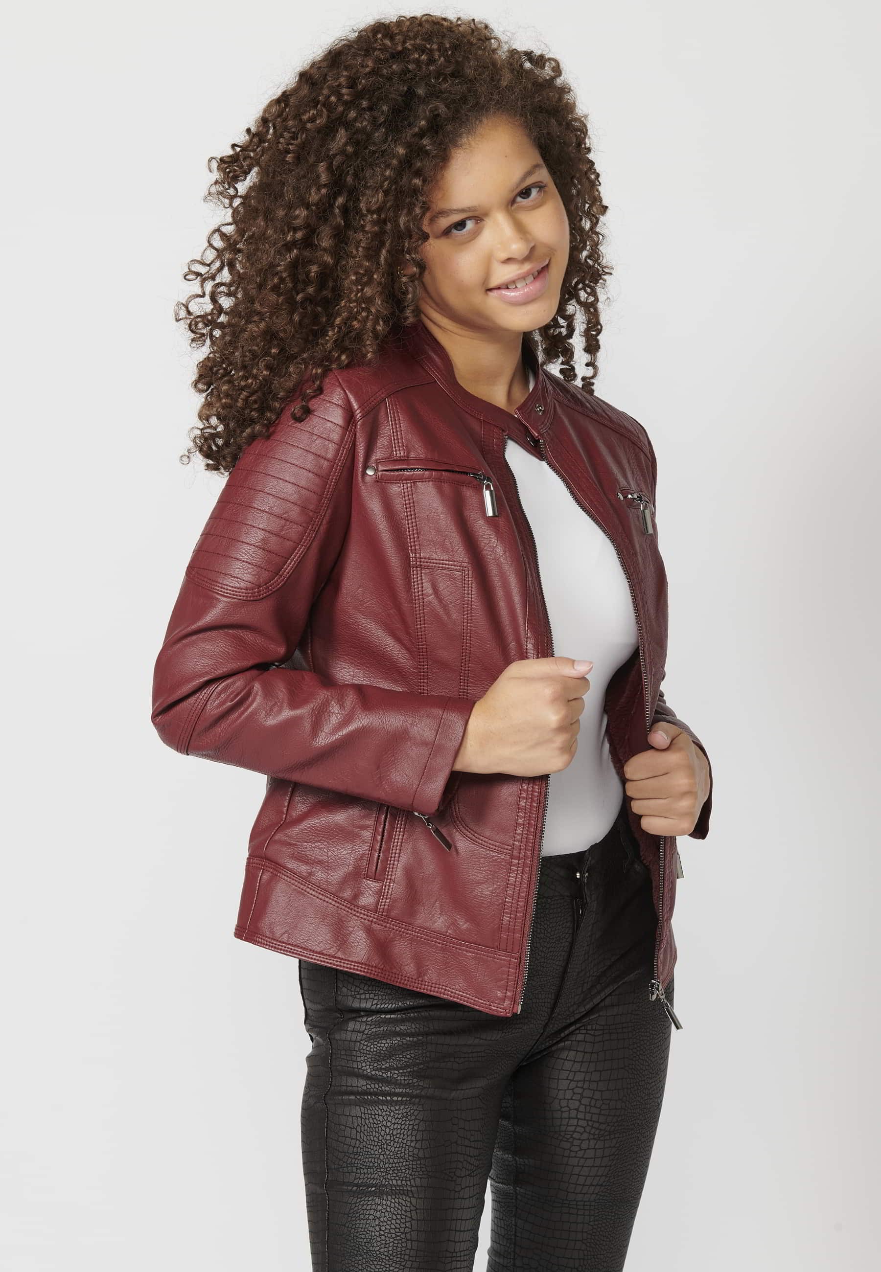 Quilted leather effect bomber jacket with fur interior in Red for Women 5