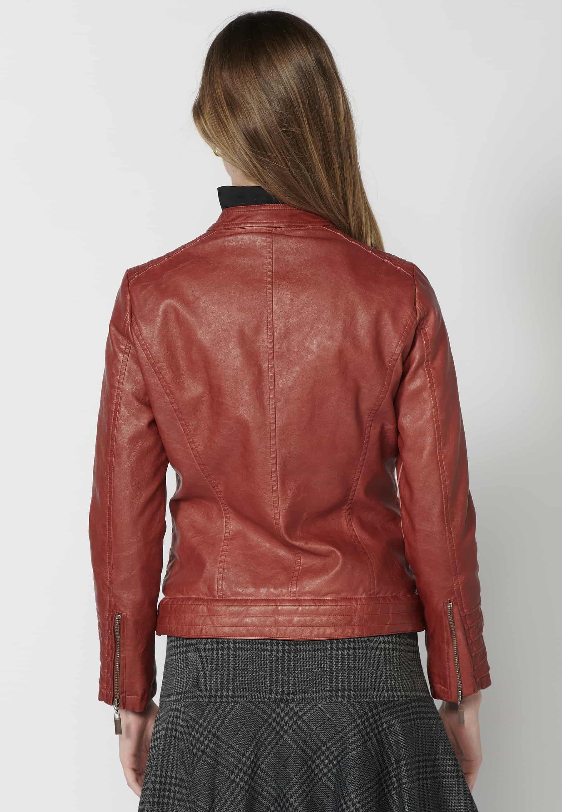 Red long-sleeved biker jacket with mandarin collar and pockets for Women