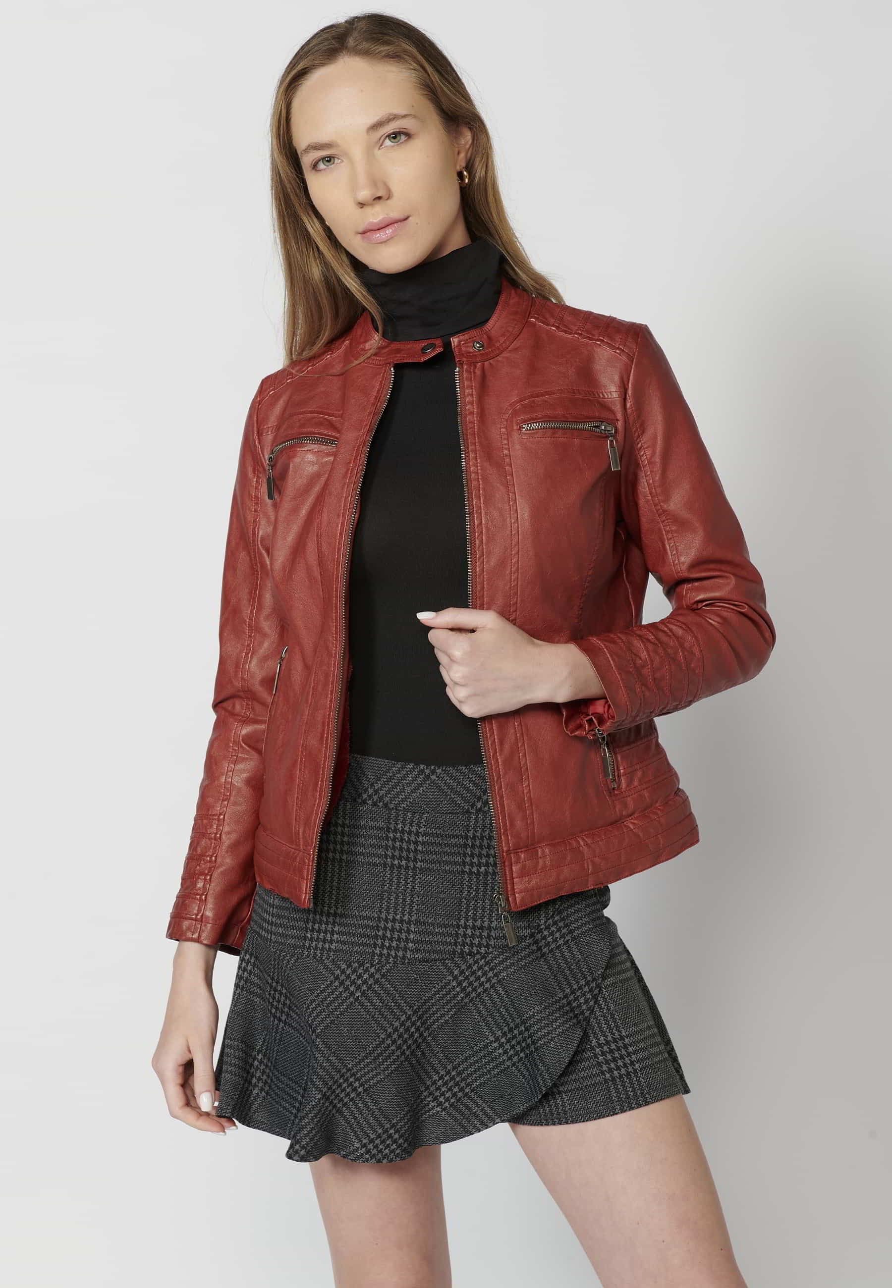 Red long-sleeved biker jacket with mandarin collar and pockets for Women