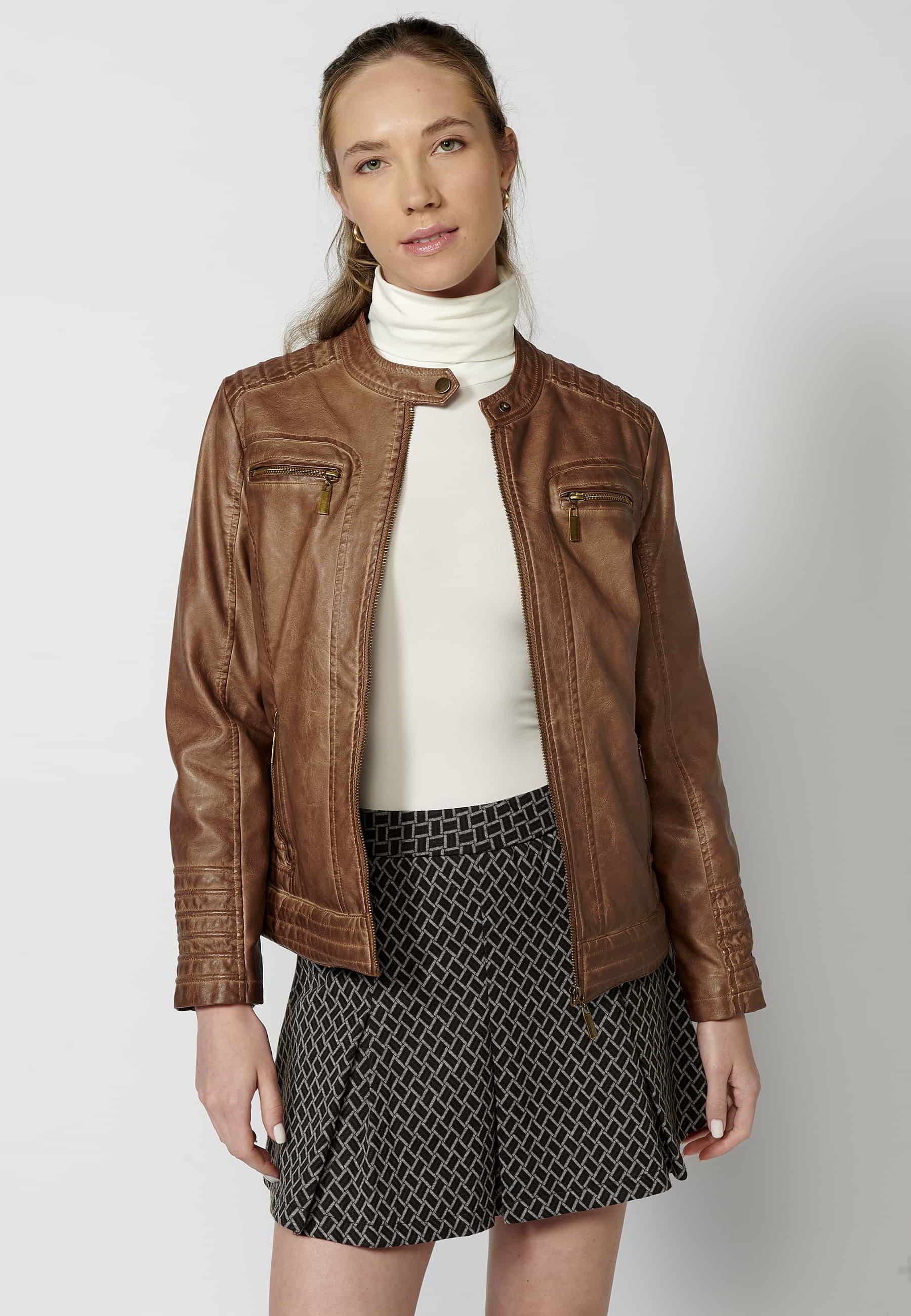 Brown long-sleeved biker jacket with mandarin collar and pockets for Women 5