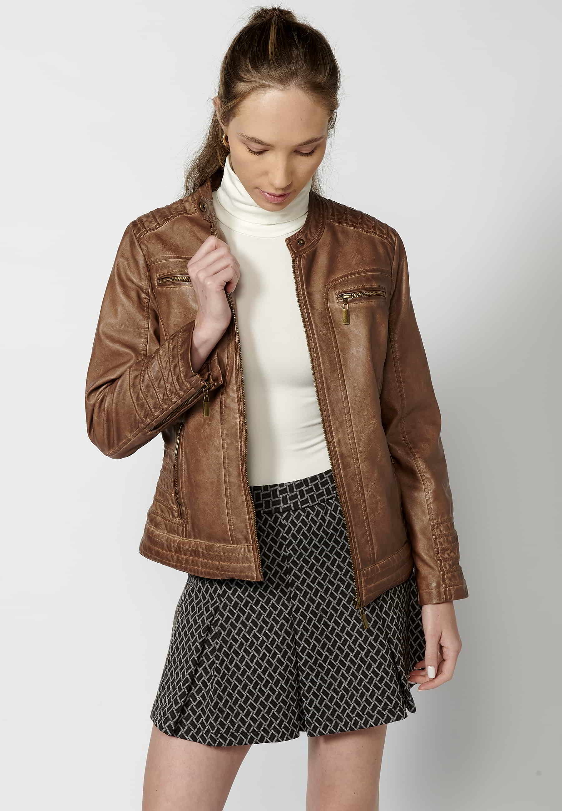 Blouson biker marron à manches longues, col mao et poches pour Femme 6