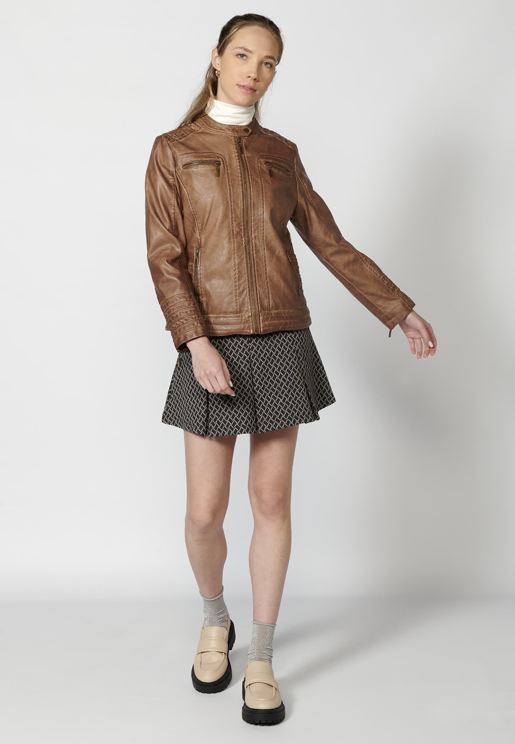 Blouson biker marron à manches longues, col mao et poches pour Femme 3