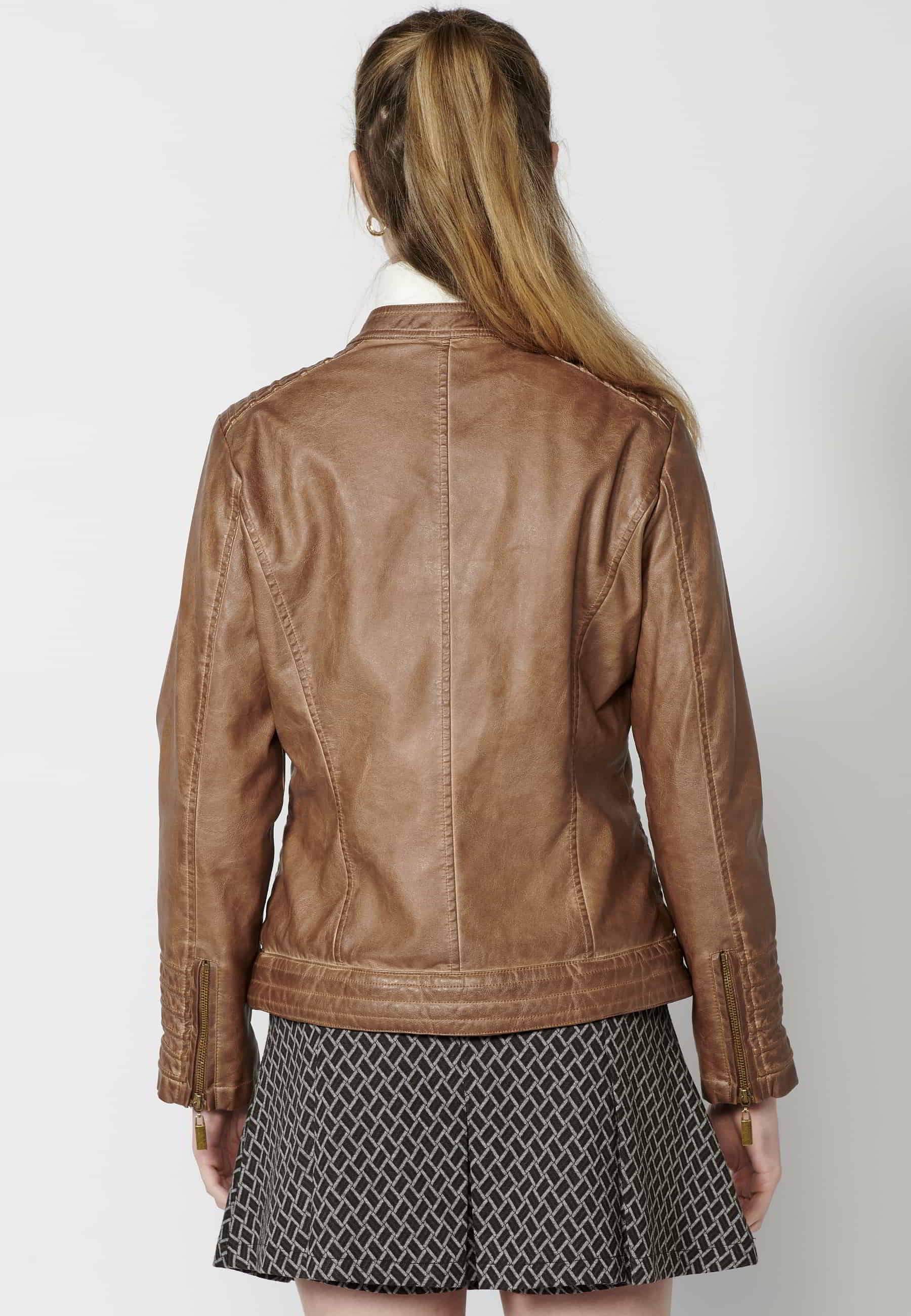 Brown long-sleeved biker jacket with mandarin collar and pockets for Women 4