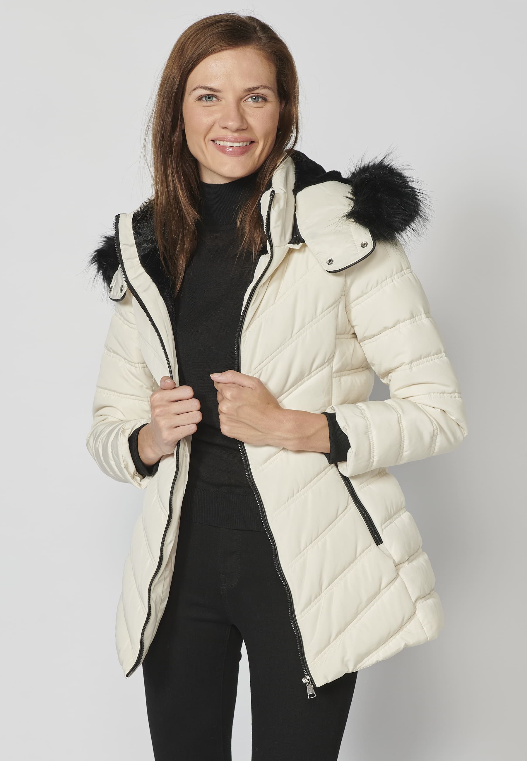 White padded parka jacket with high collar and detachable hood for Women