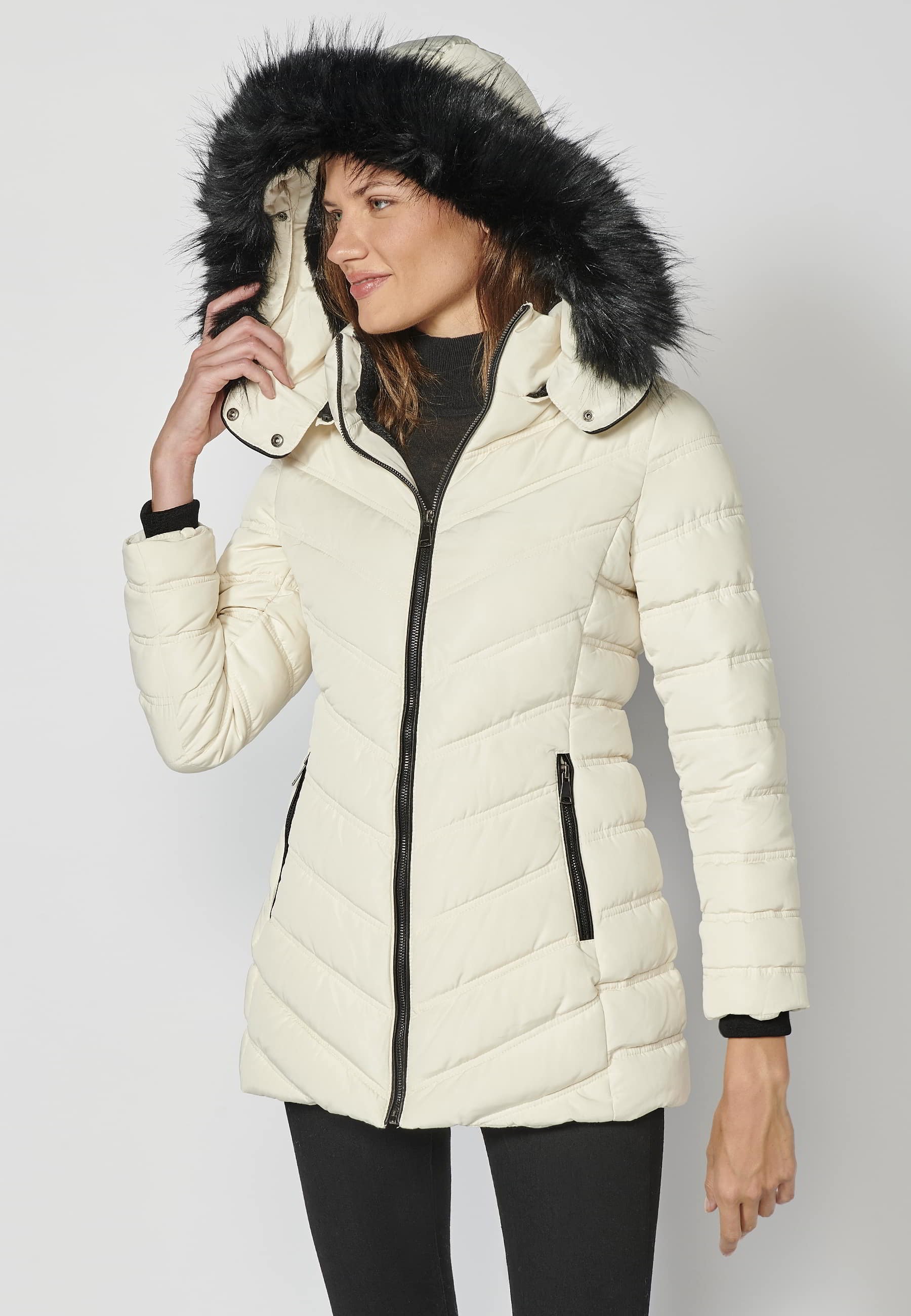 White padded parka jacket with high collar and detachable hood for Women