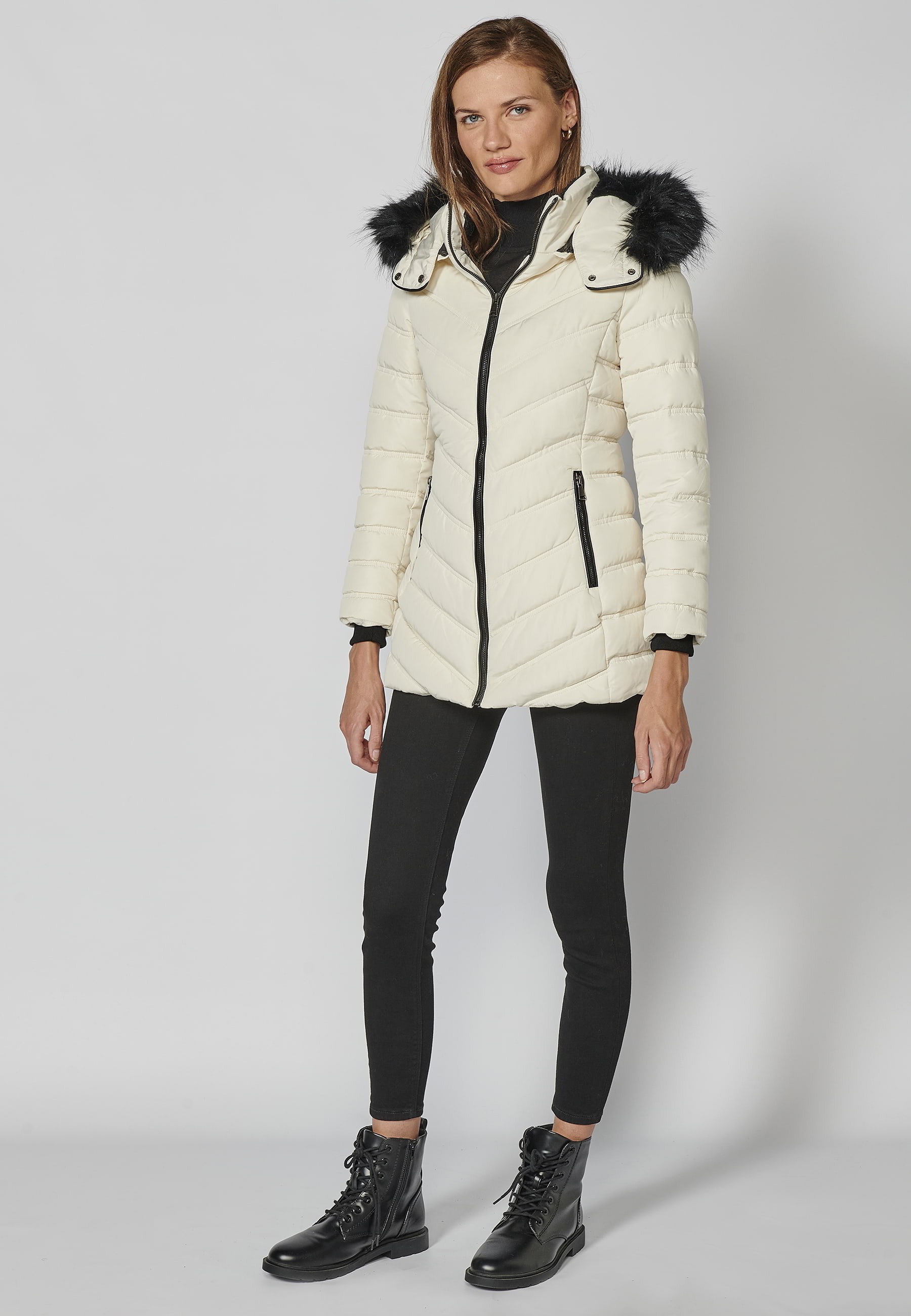 White padded parka jacket with high collar and detachable hood for Women