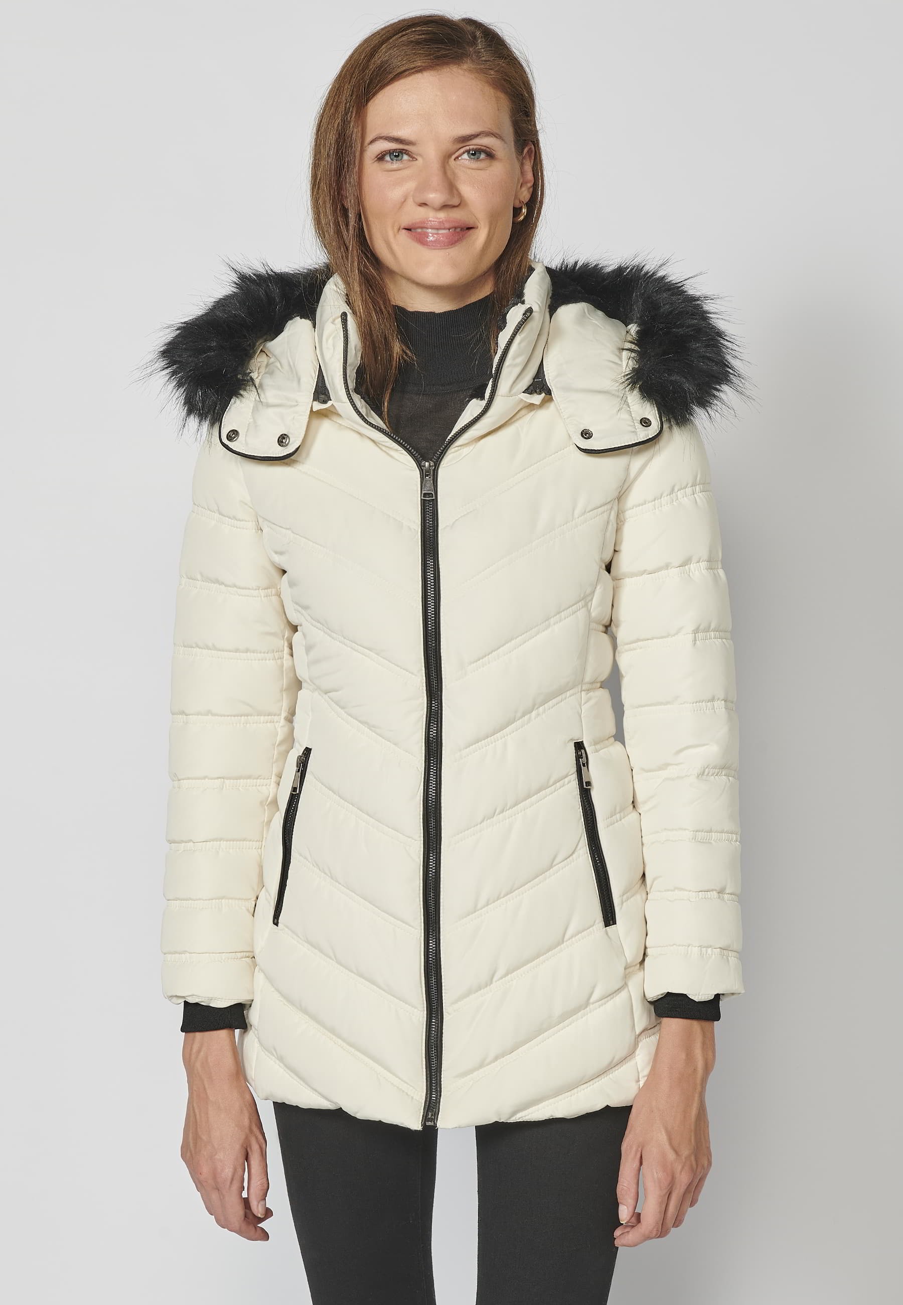 White padded parka jacket with high collar and detachable hood for Women