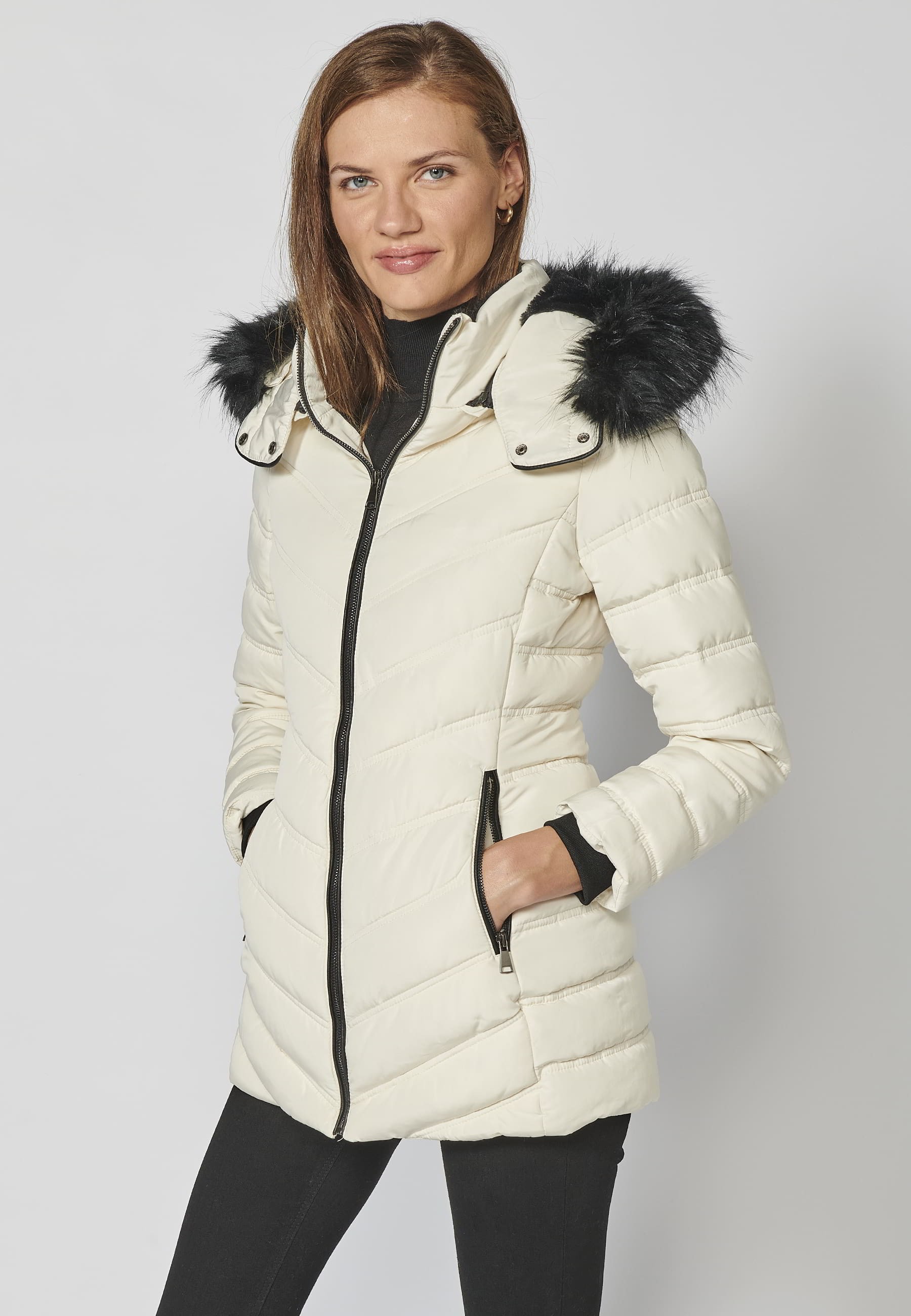 White padded parka jacket with high collar and detachable hood for Women