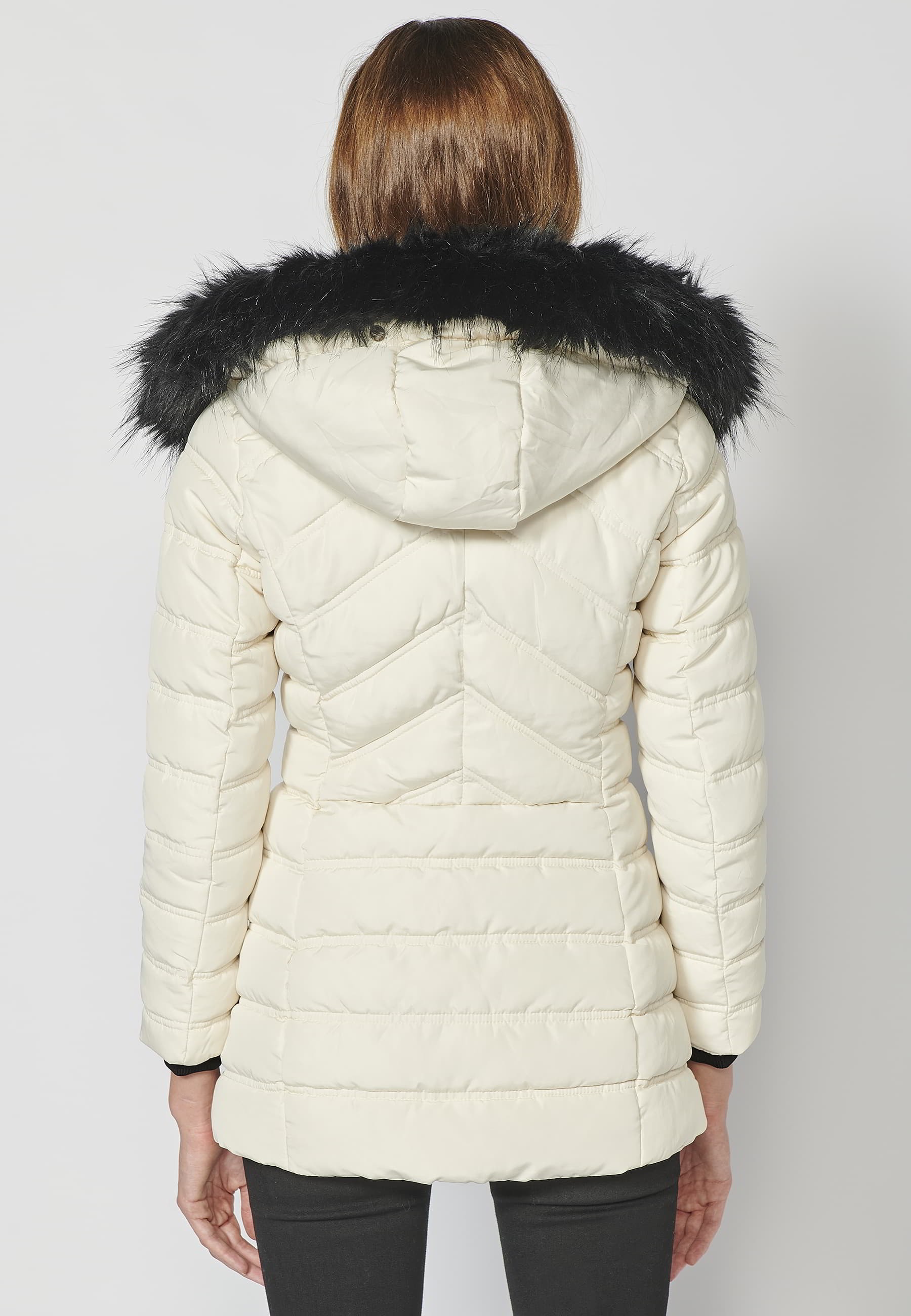 White padded parka jacket with high collar and detachable hood for Women