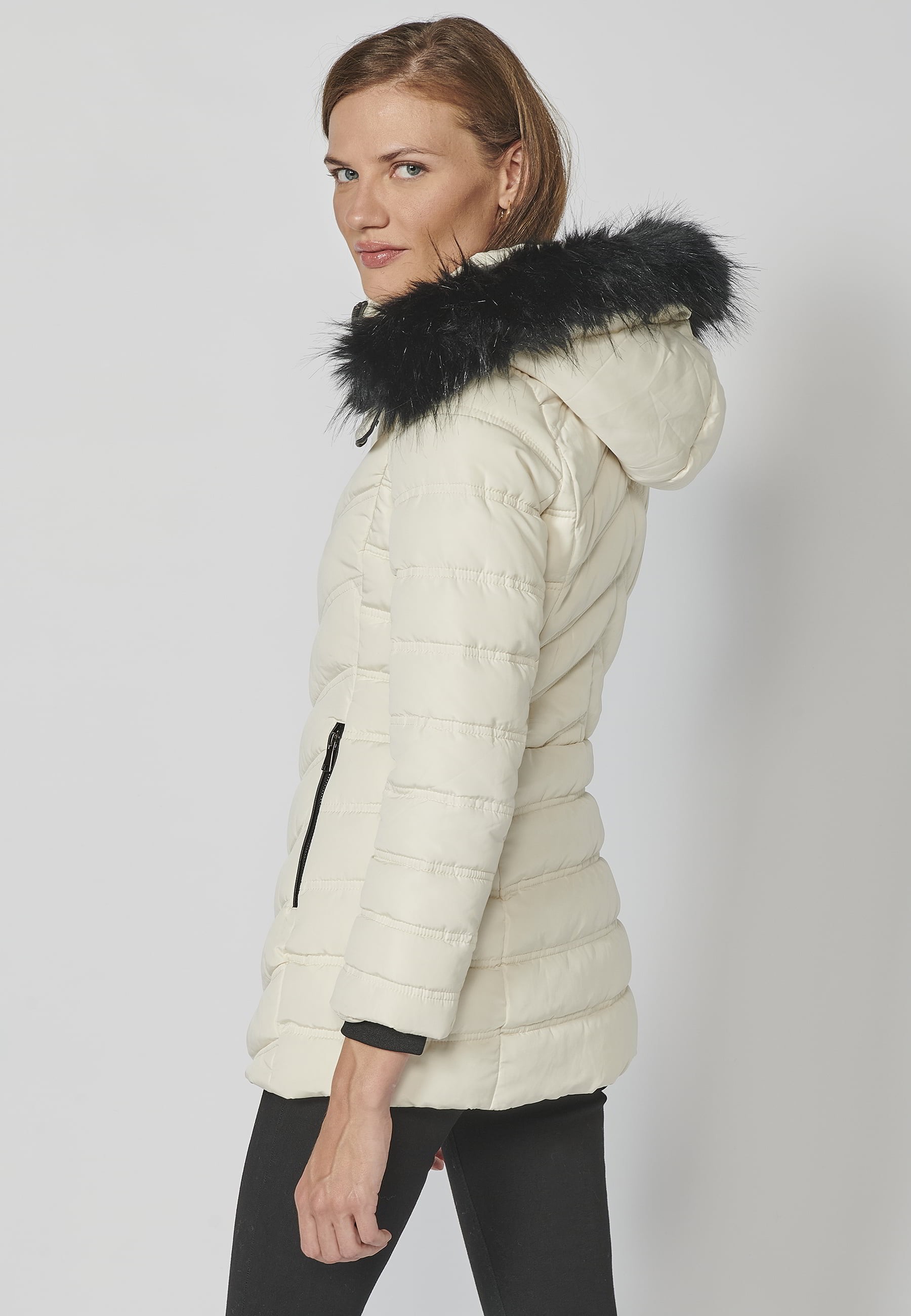 White padded parka jacket with high collar and detachable hood for Women