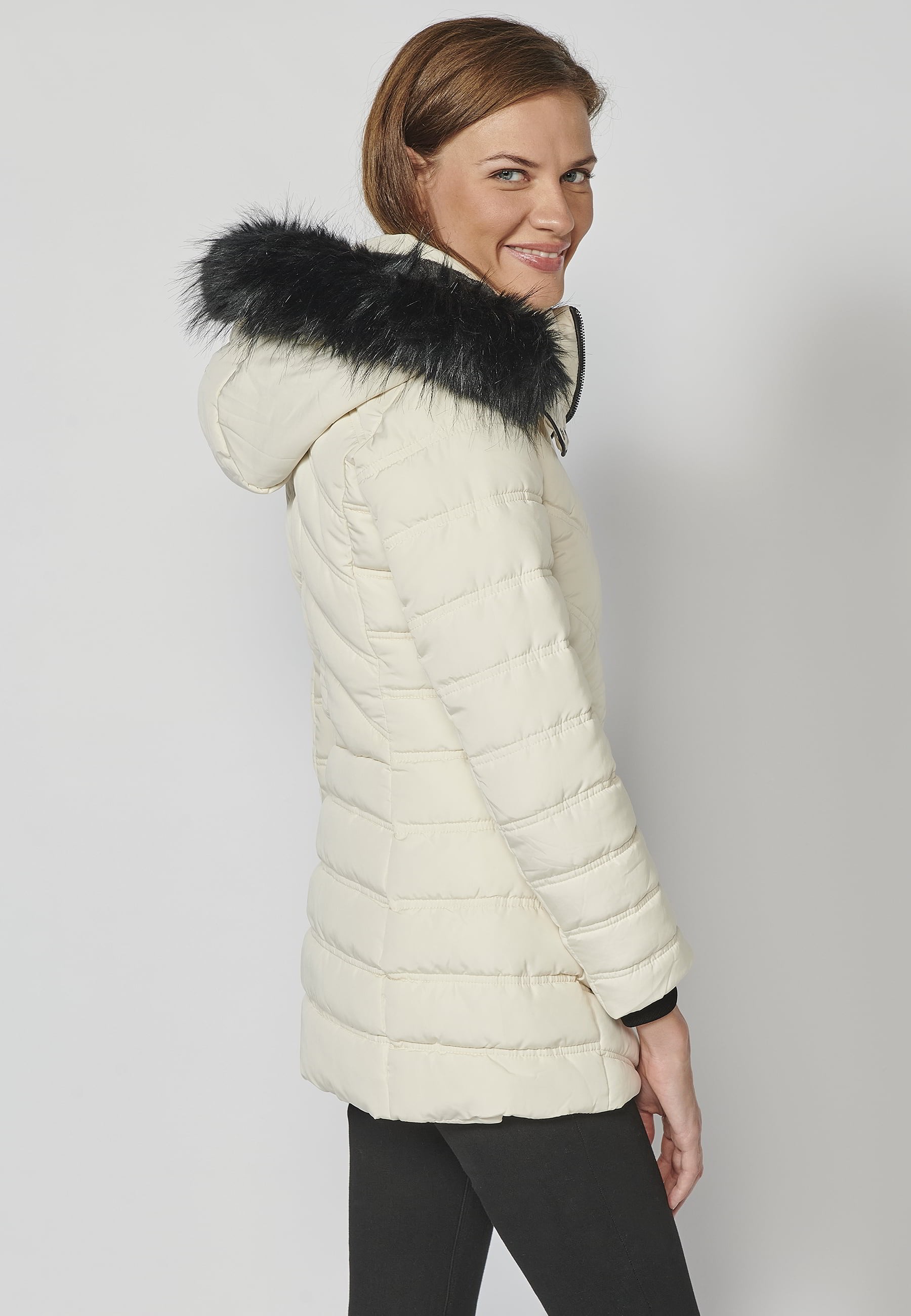 White padded parka jacket with high collar and detachable hood for Women