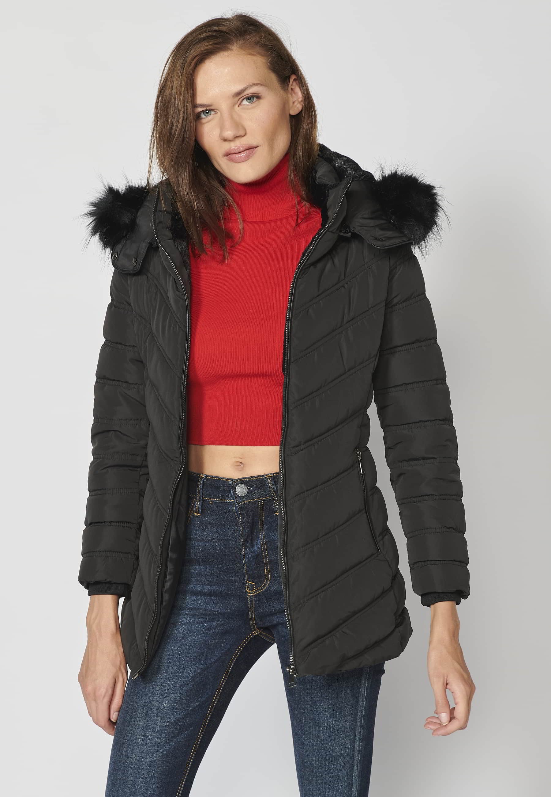 Padded parka jacket with high collar and detachable hood in Black for Women