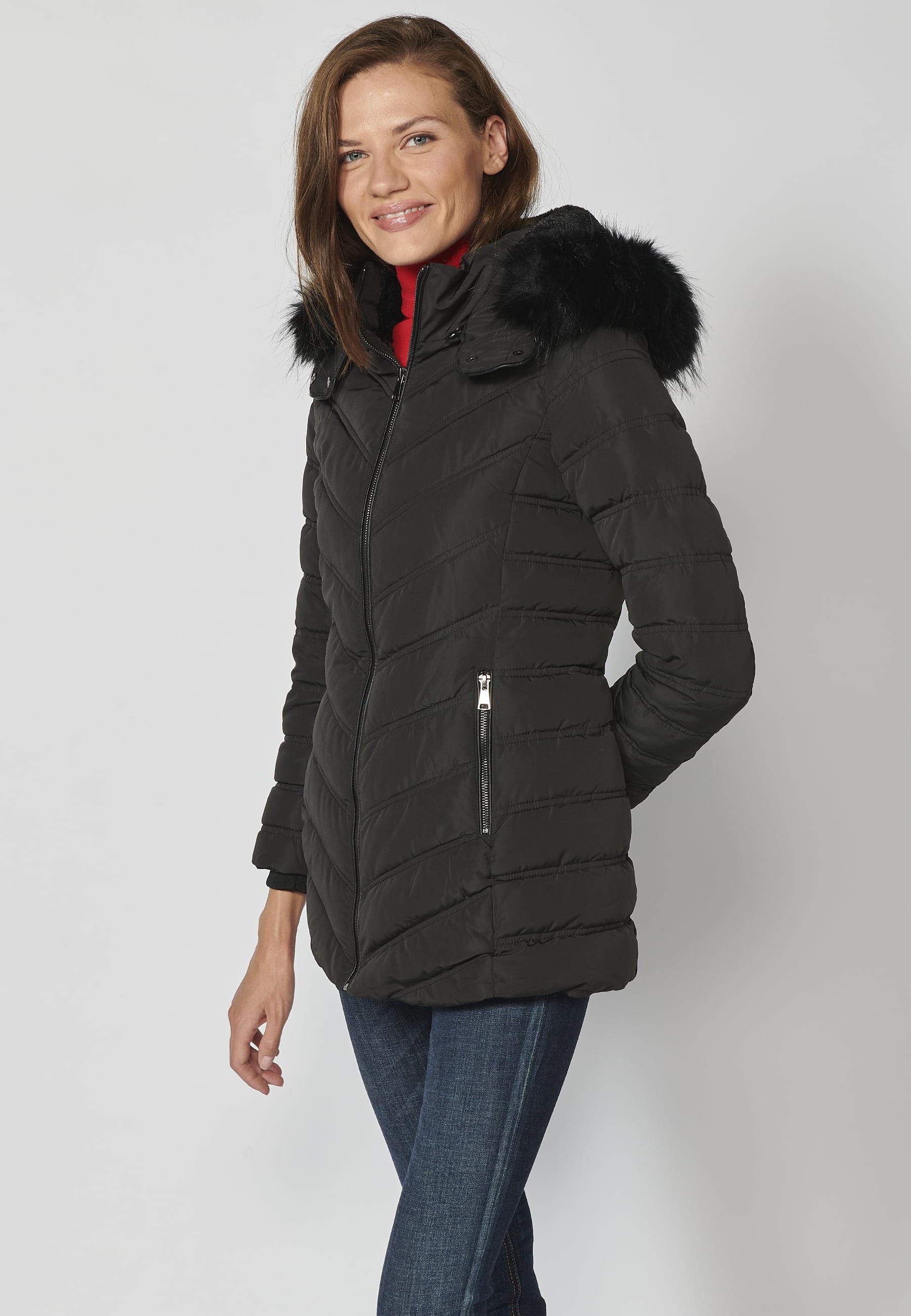 Padded parka jacket with high collar and detachable hood in Black for Women