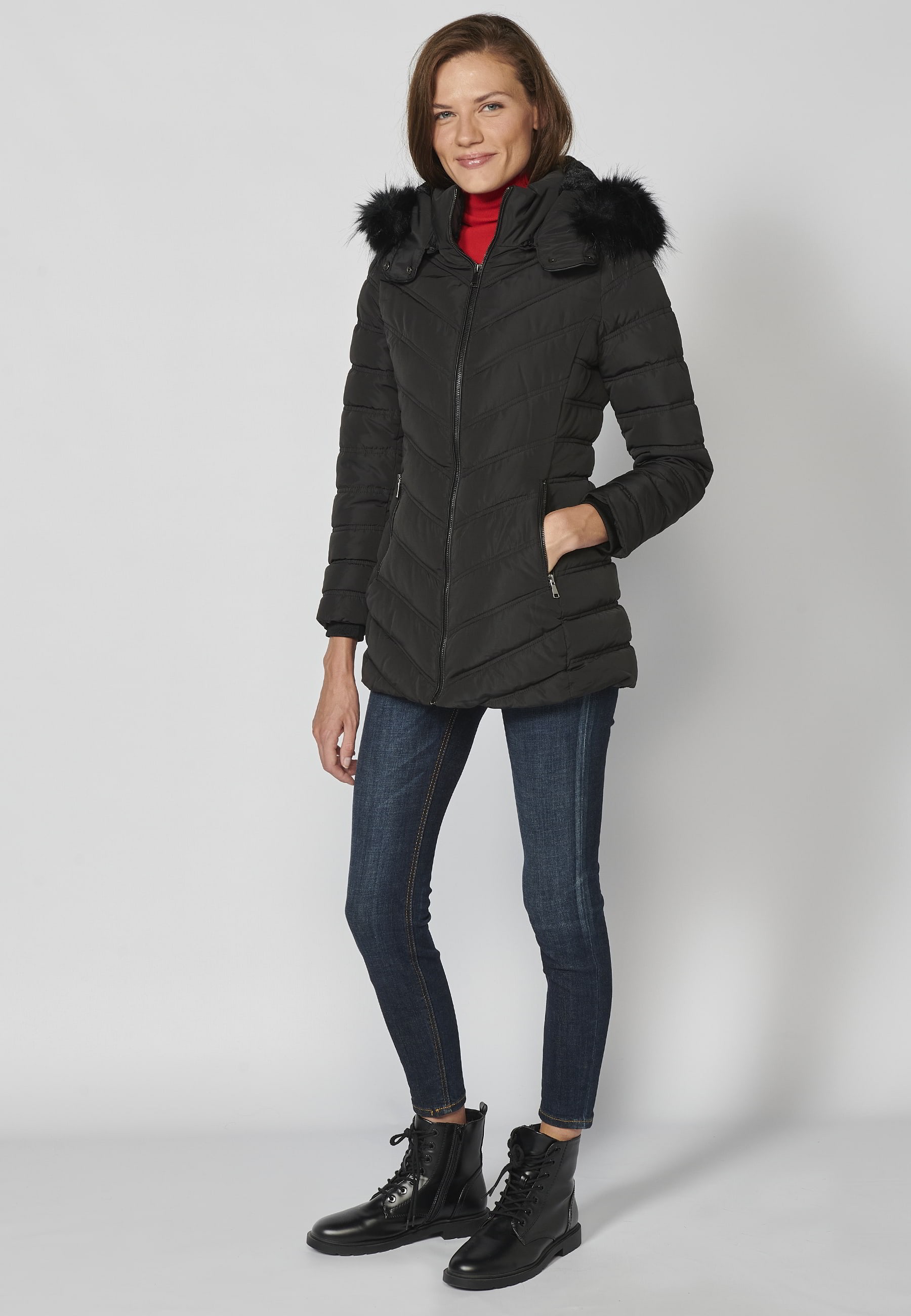 Padded parka jacket with high collar and detachable hood in Black for Women