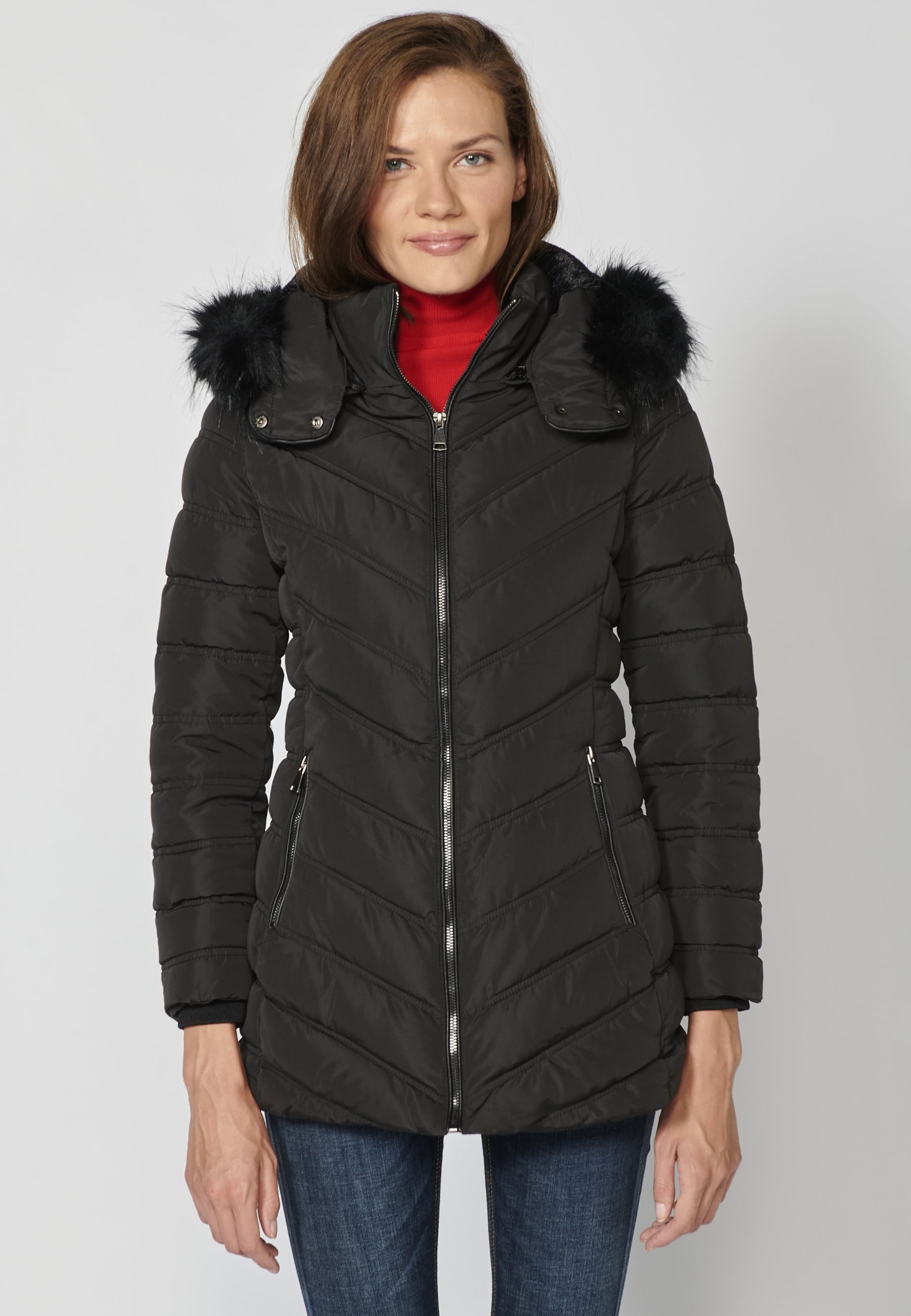 Padded parka jacket with high collar and detachable hood in Black for Women