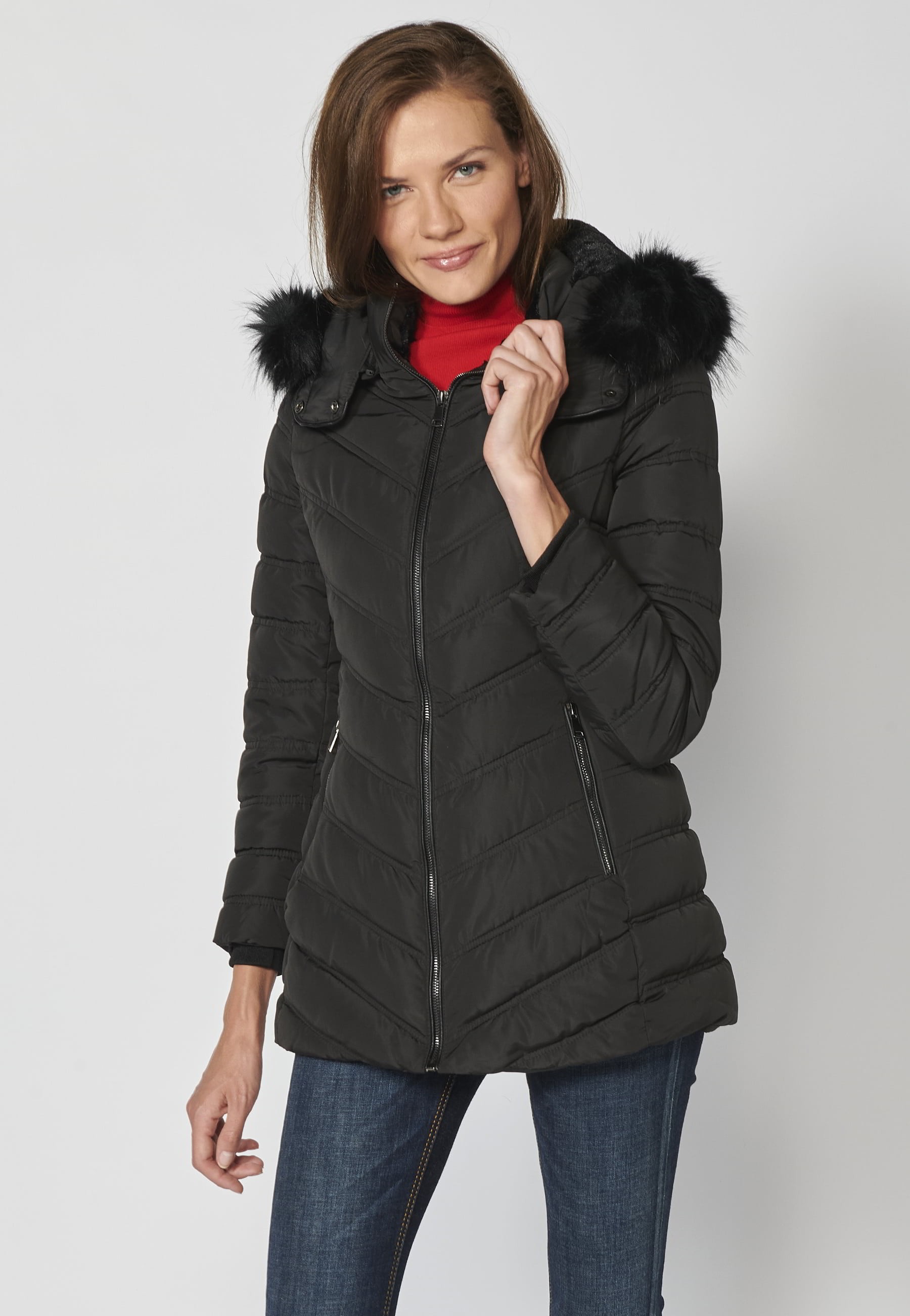 Padded parka jacket with high collar and detachable hood in Black for Women