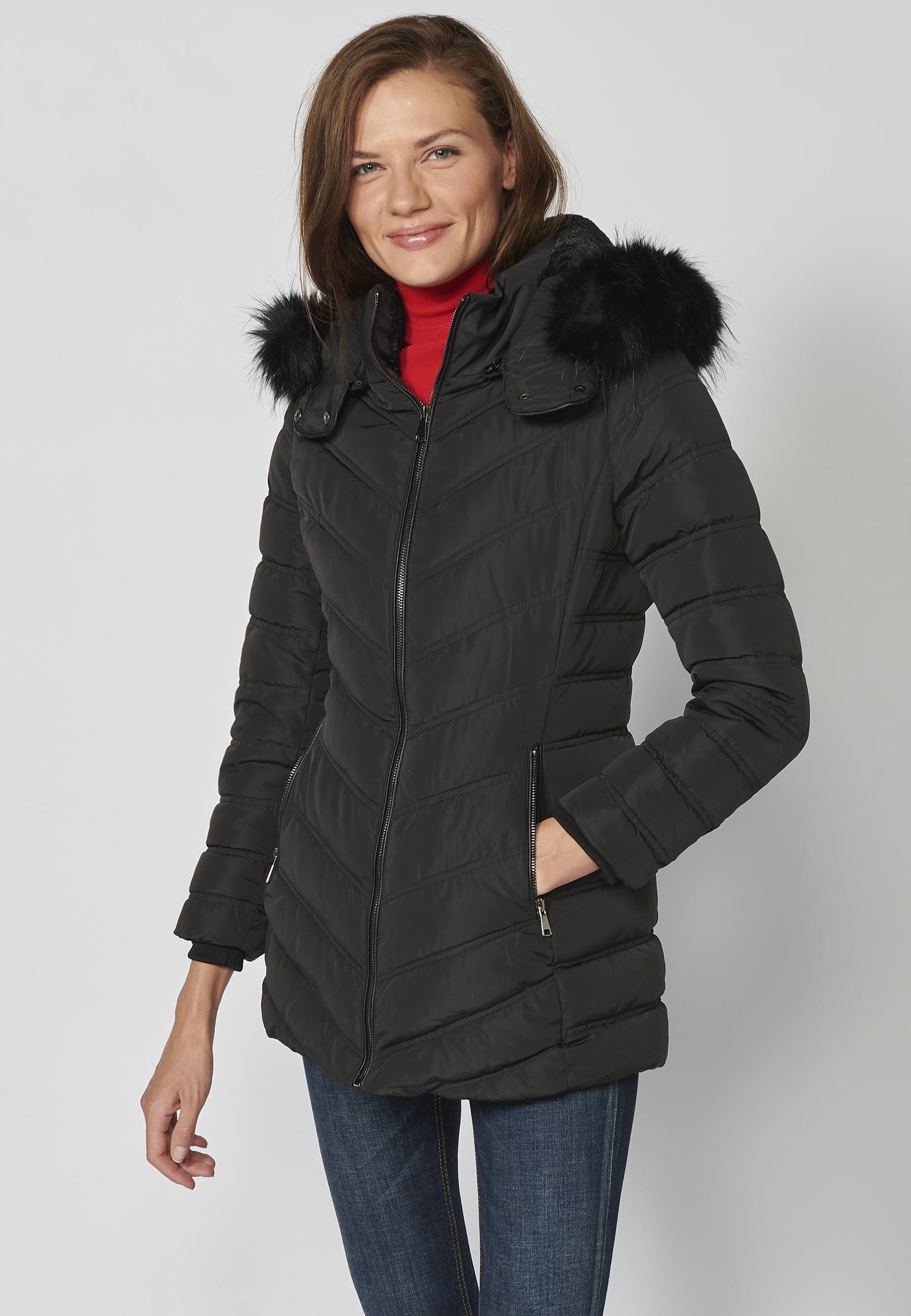 Padded parka jacket with high collar and detachable hood in Black for Women