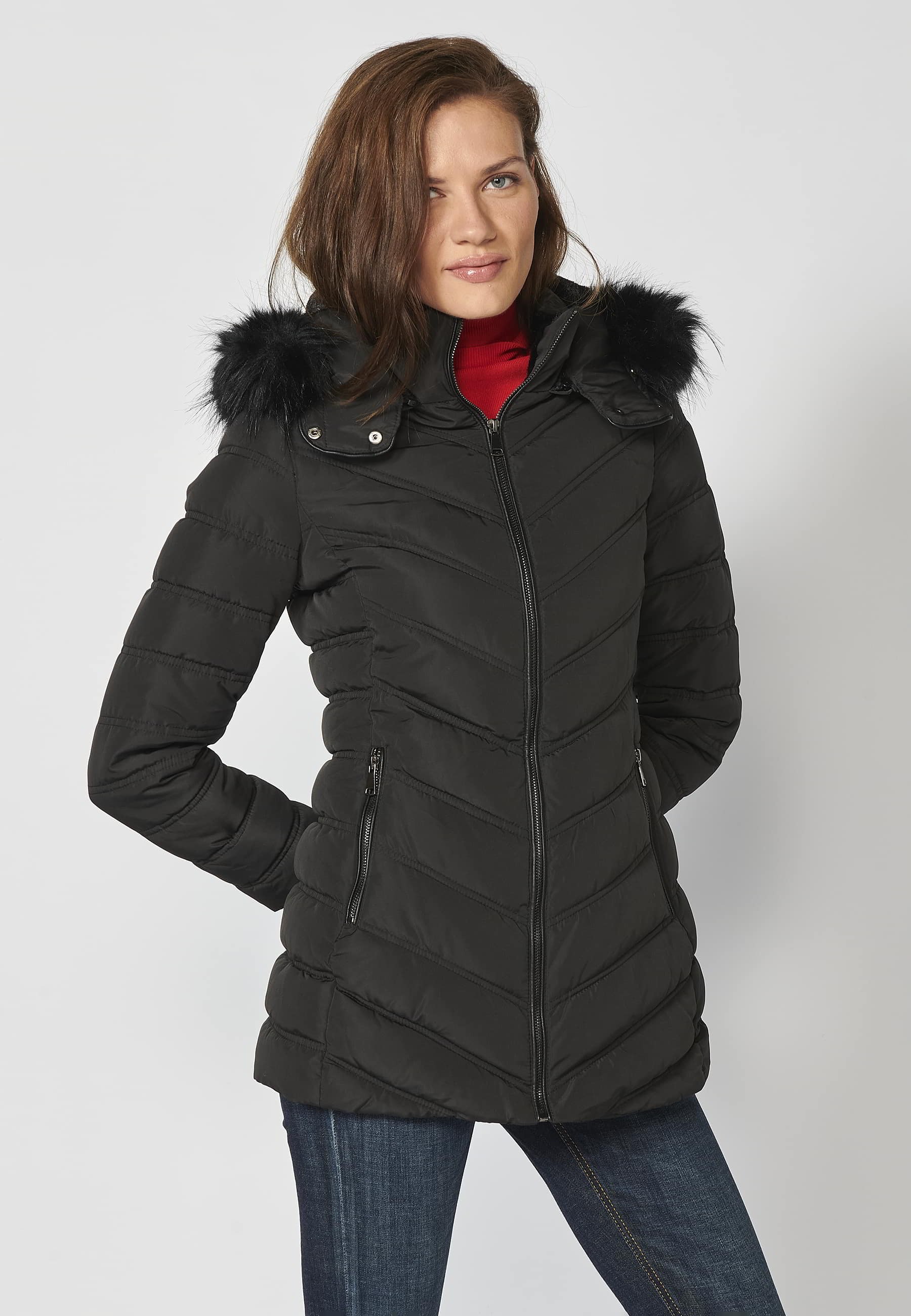 Padded parka jacket with high collar and detachable hood in Black for Women