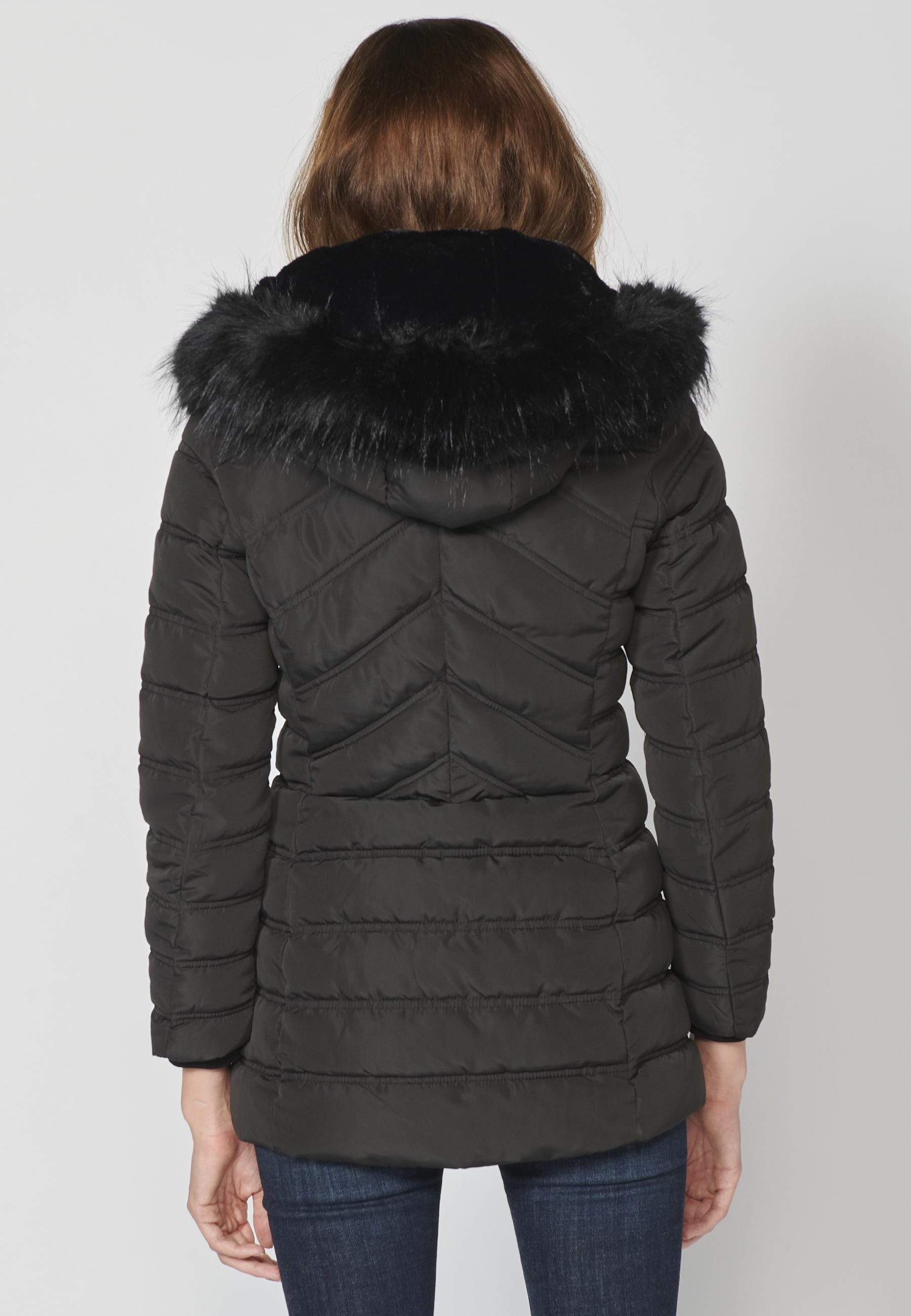 Padded parka jacket with high collar and detachable hood in Black for Women