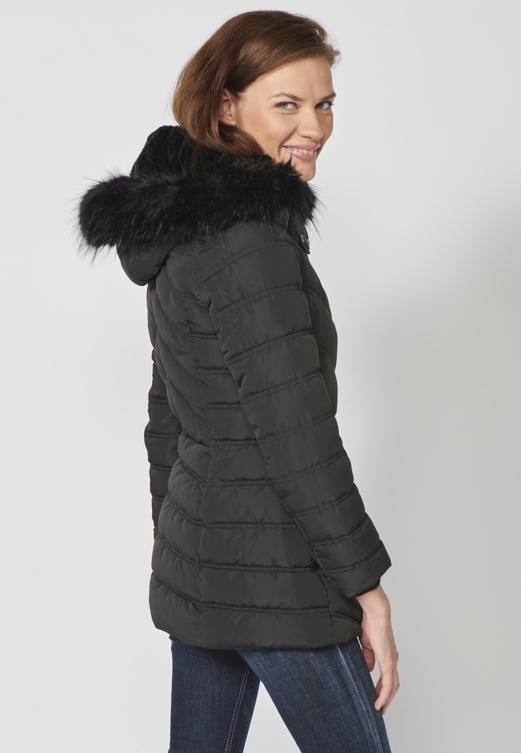 Padded parka jacket with high collar and detachable hood in Black for Women