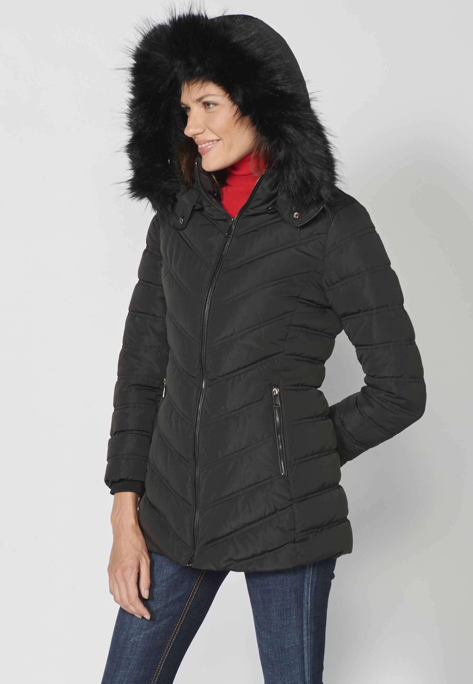 Padded parka jacket with high collar and detachable hood in Black for Women