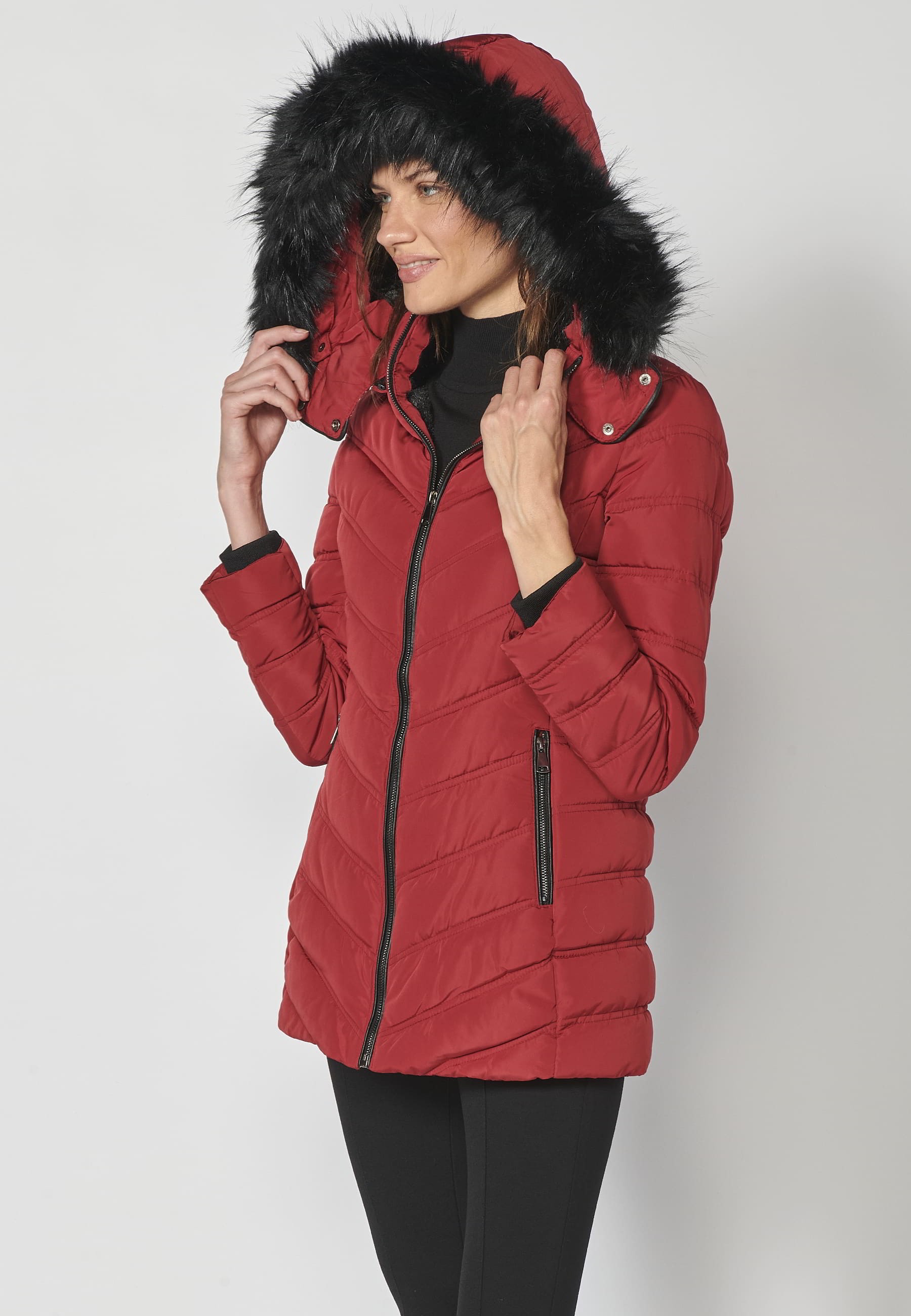 Chaqueta parka acolchada con cuello alto con capucha desmontable color Rojo para Mujer 7