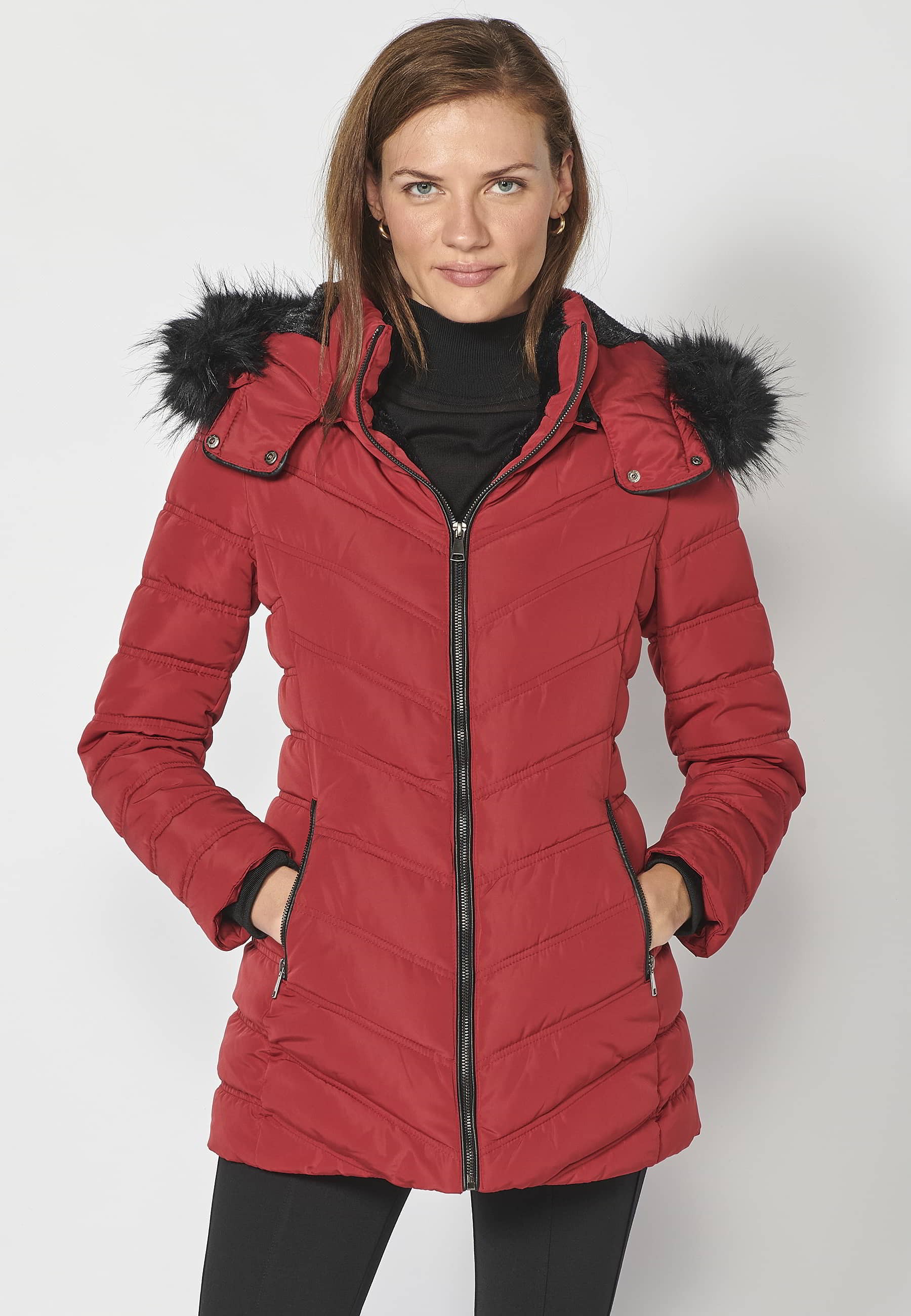 Quilted parka jacket with high collar and detachable hood in Red for Women