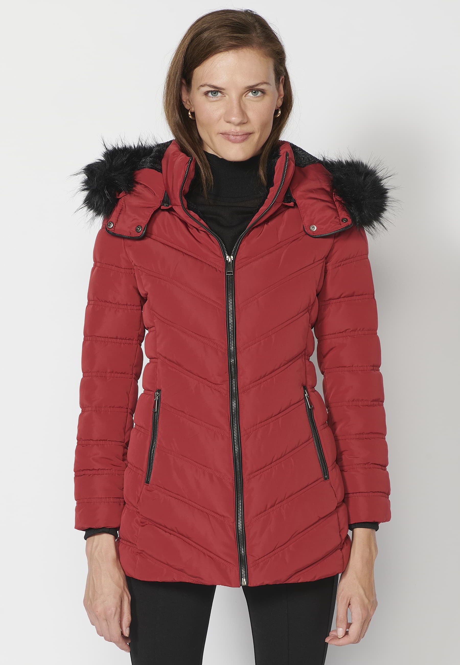 Chaqueta parka acolchada con cuello alto con capucha desmontable color Rojo para Mujer 1