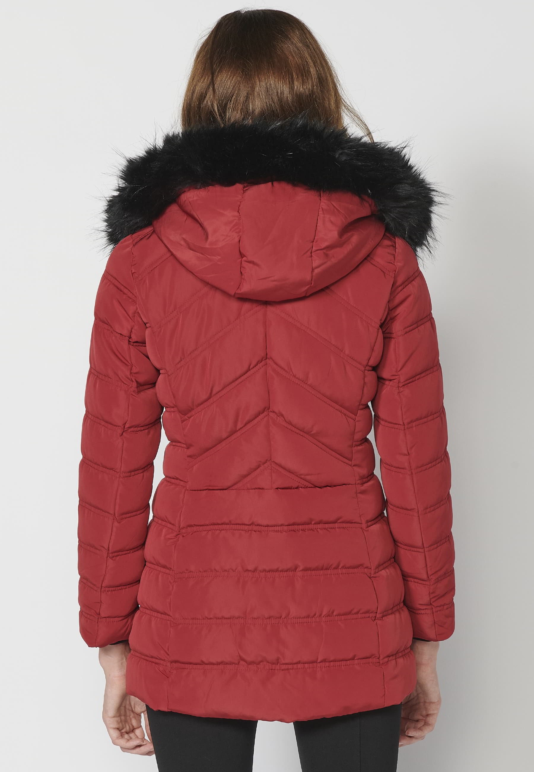 Chaqueta parka acolchada con cuello alto con capucha desmontable color Rojo para Mujer 2