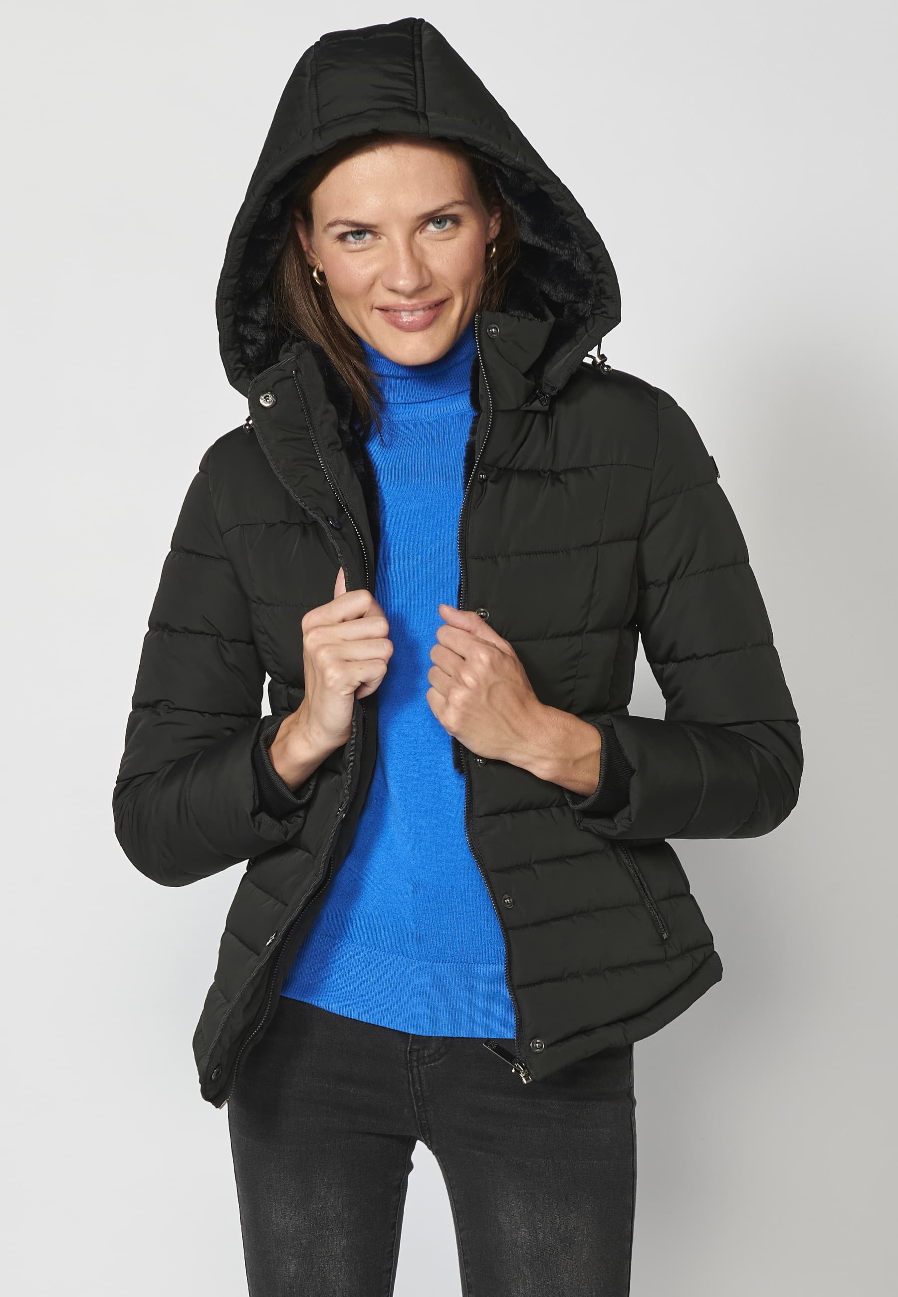 Short padded parka jacket with hooded collar in Black for Women