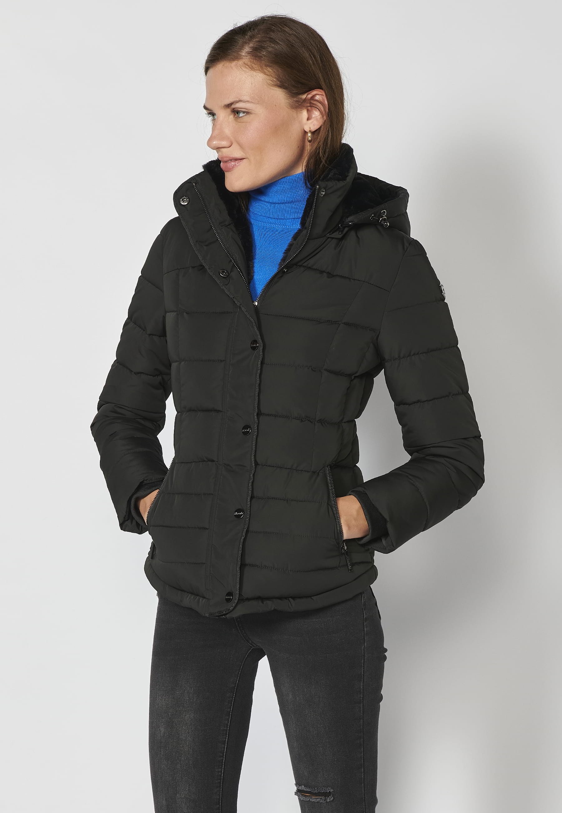 Short padded parka jacket with hooded collar in Black for Women